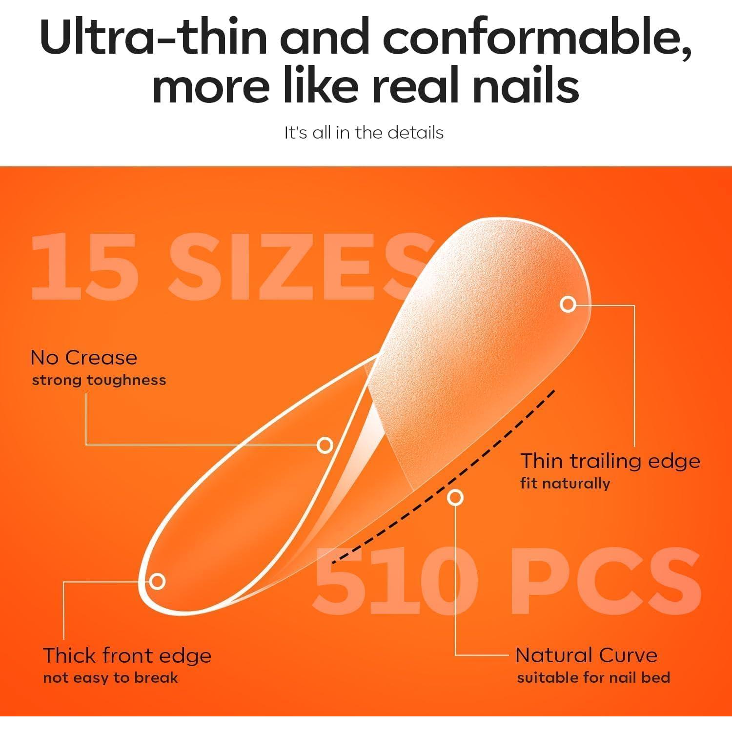 Kit de Uñas de Gel Modelones Almendra 15 Tamaños 510 Pcs