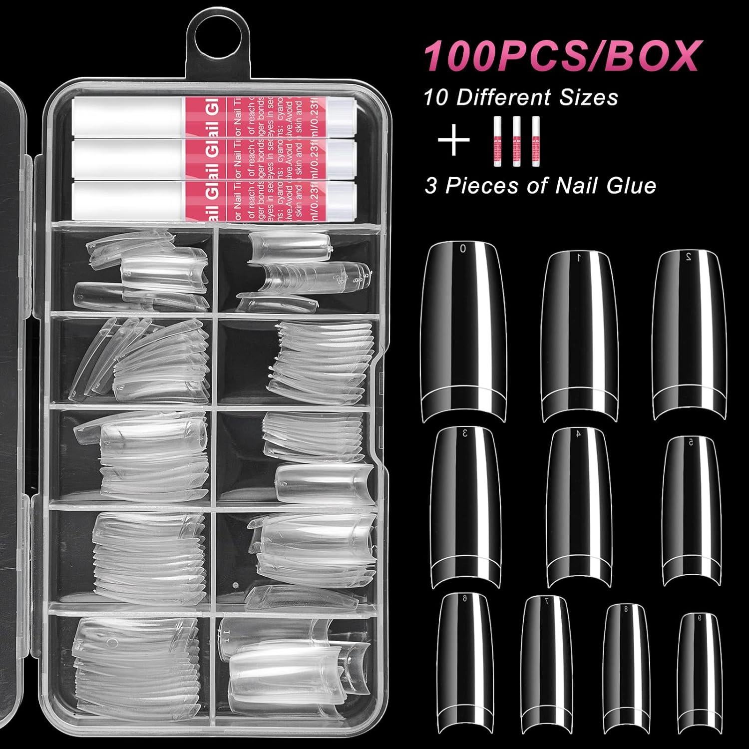 Kit de Uñas Falsas Transparentes Krofaue 100 Pcs con Pegamento