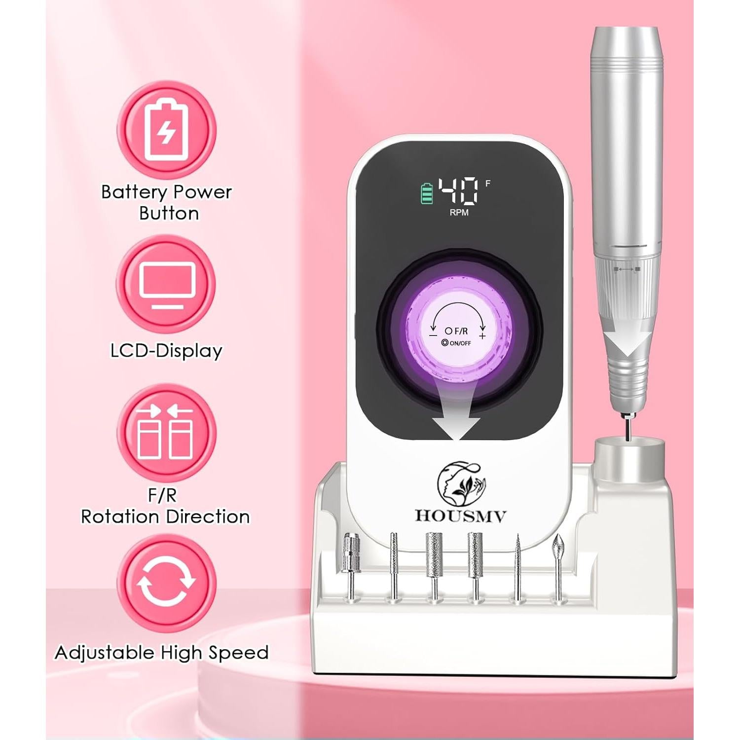 Taladro de Uñas Eléctrico HOUSMV Blanco 40000RPM Recargable