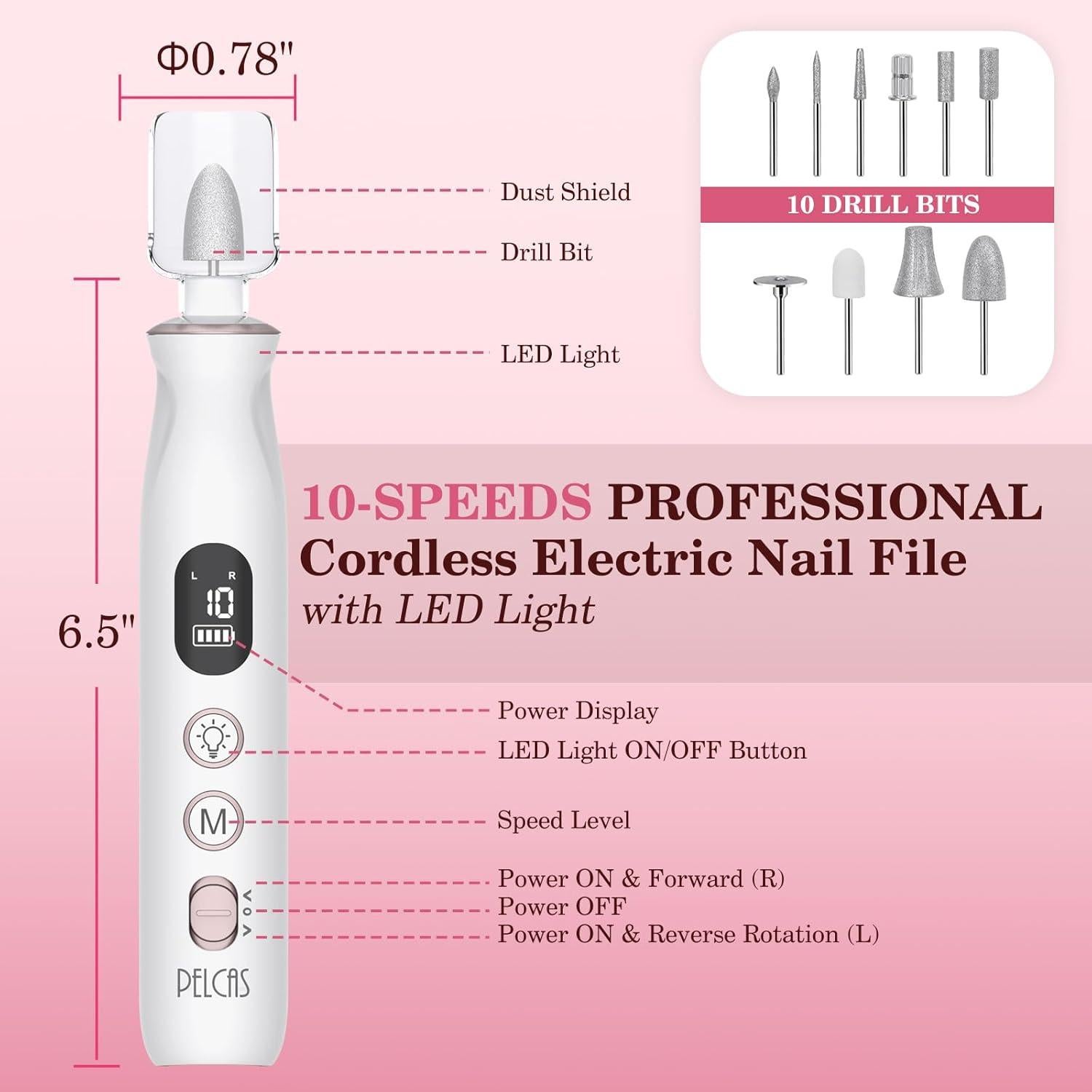Lima de Uñas Eléctrica PELCAS Inalámbrica 10 Velocidades LED