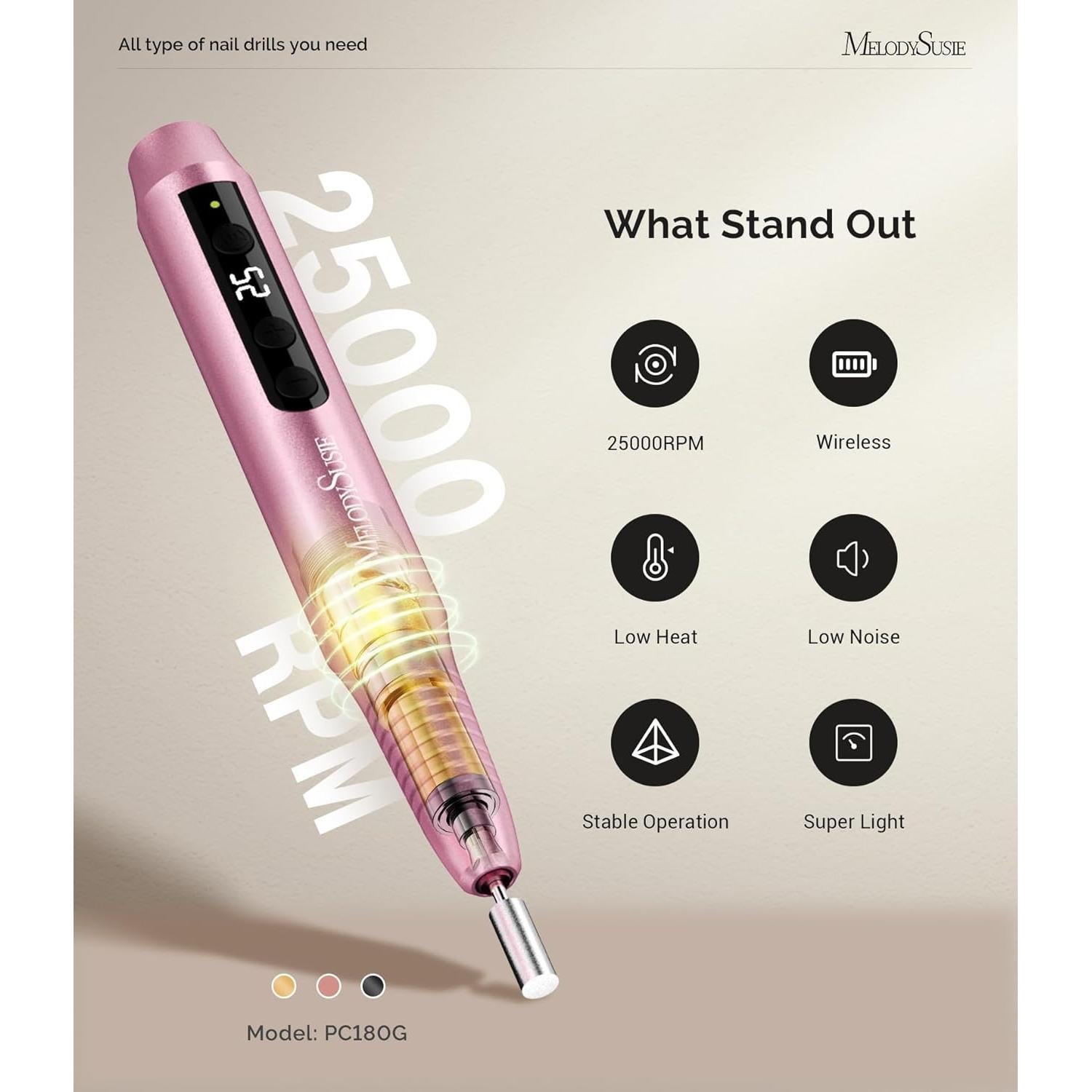 Taladro de Uñas Eléctrico MelodySusie PC180G Inalámbrico 25000RPM