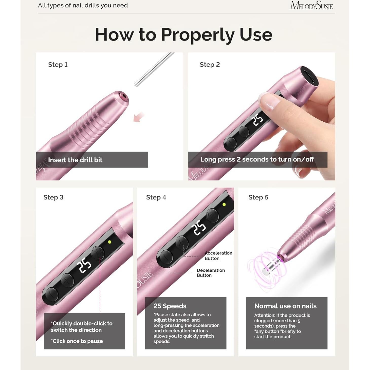 Taladro de Uñas Eléctrico MelodySusie PC180G Inalámbrico 25000RPM