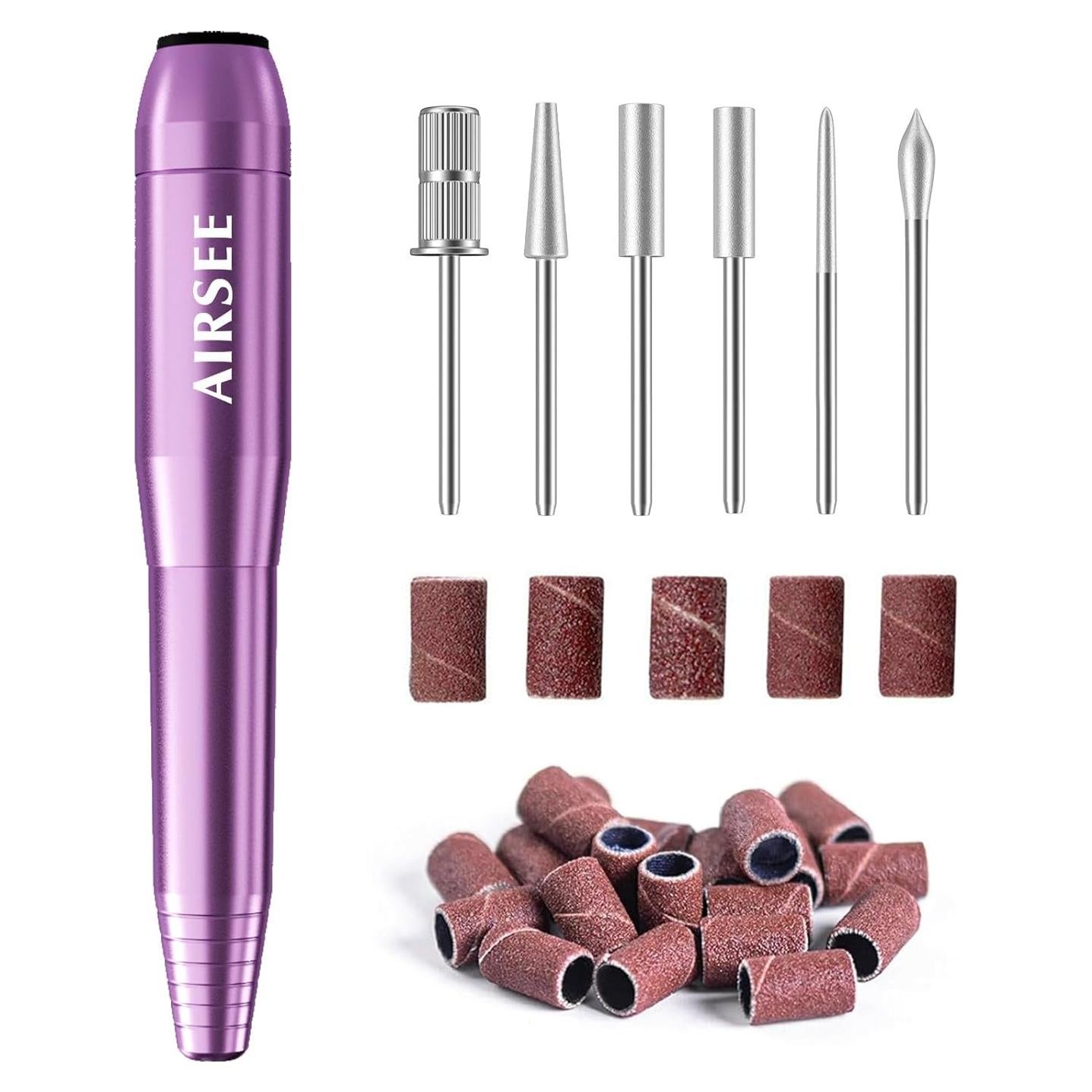 AIRSEE Taladro de Uñas Móvil USB Morado con 6 Puntas y 26 Bandas