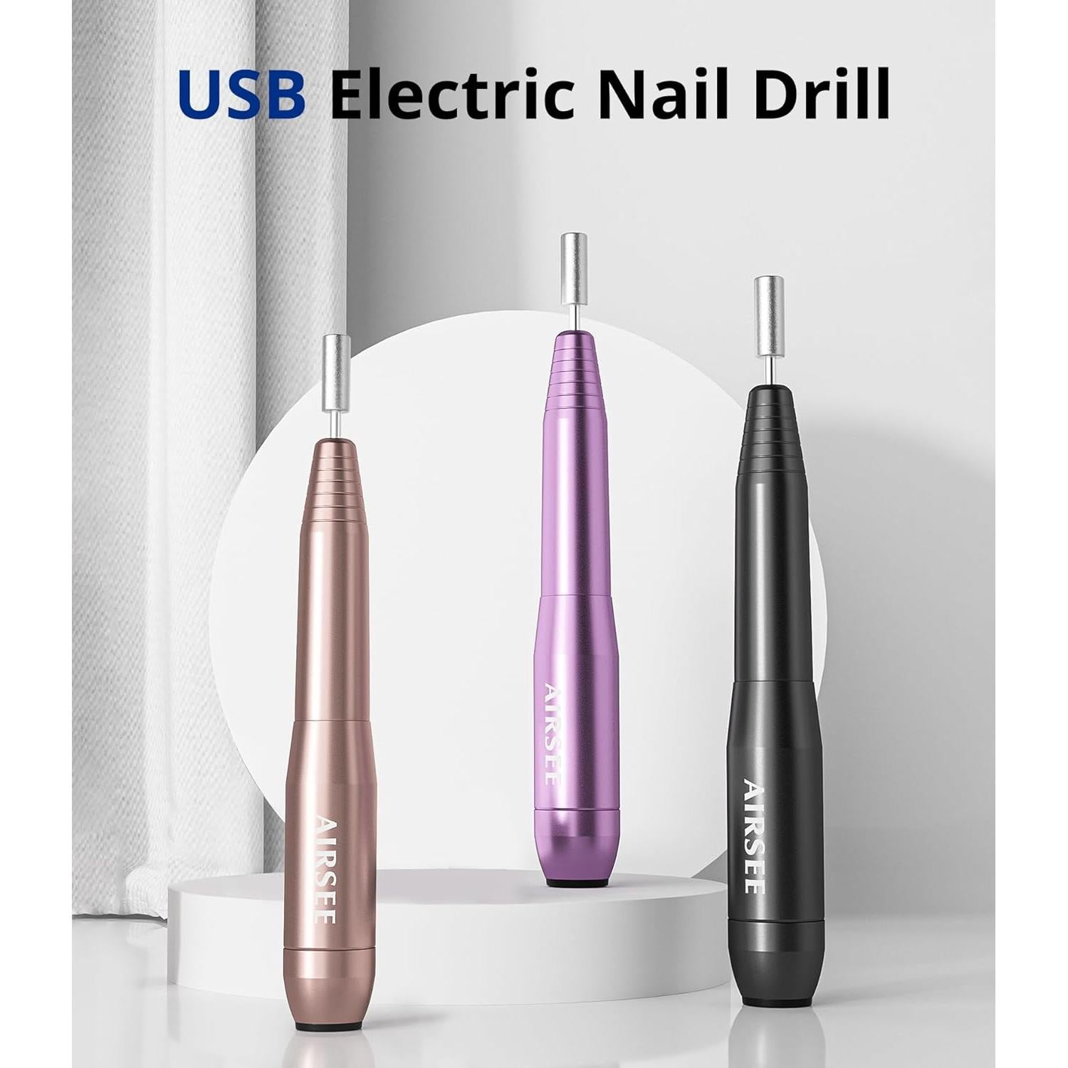 AIRSEE Taladro de Uñas Móvil USB Morado con 6 Puntas y 26 Bandas