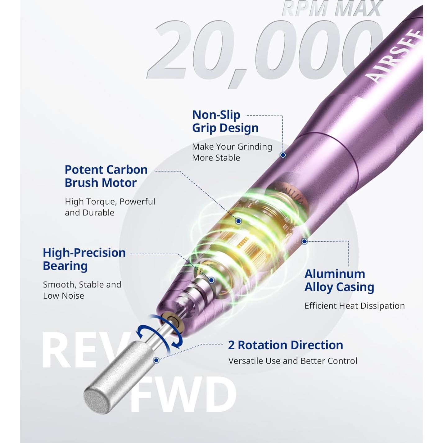 AIRSEE Taladro de Uñas Móvil USB Morado con 6 Puntas y 26 Bandas