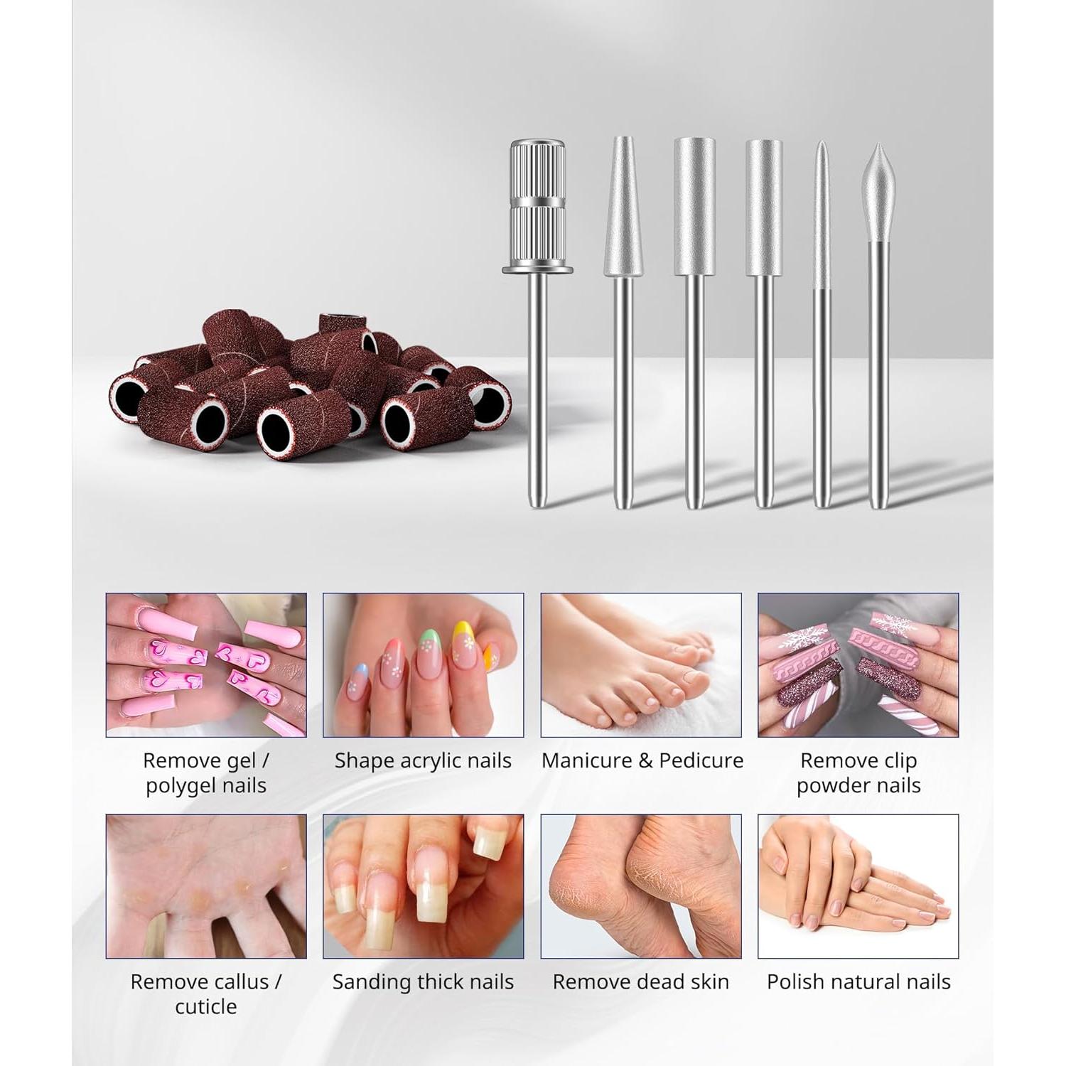 AIRSEE Taladro de Uñas Móvil USB Morado con 6 Puntas y 26 Bandas