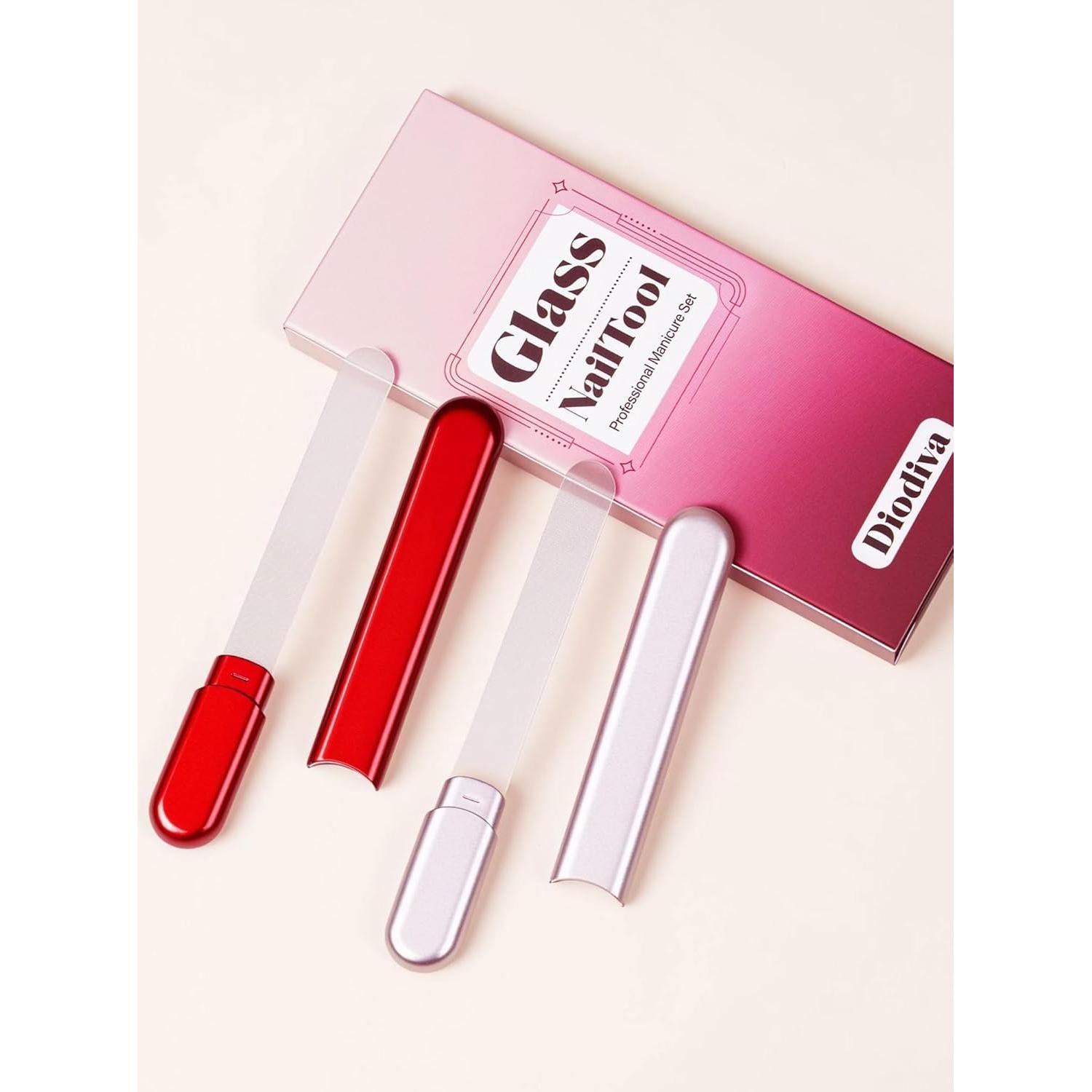2 Pulidores de Uñas de Vidrio Diodiva con Estuche - Oro Rosa y Rojo