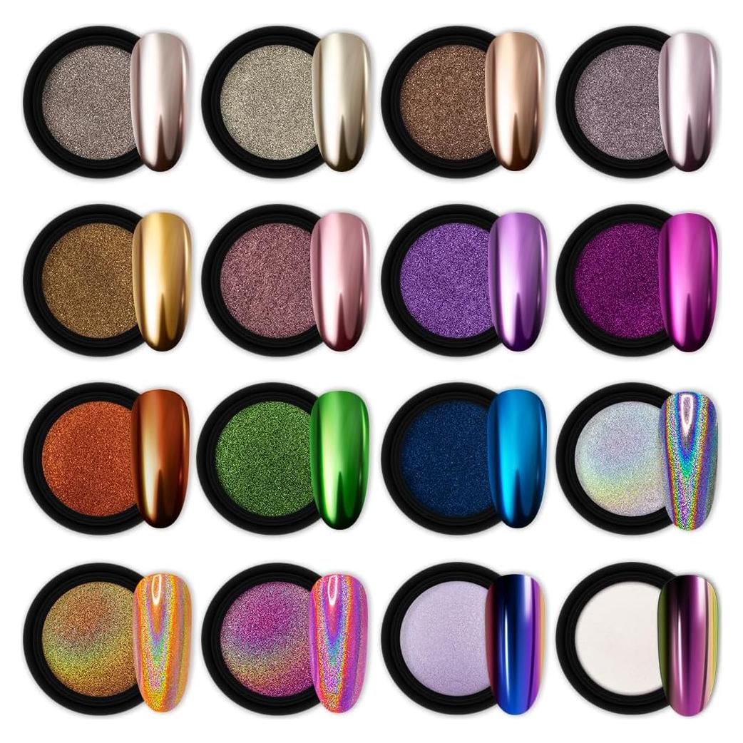 Artdone 16 Tarros Polvo de Uñas Cromo Efecto Espejo 1g