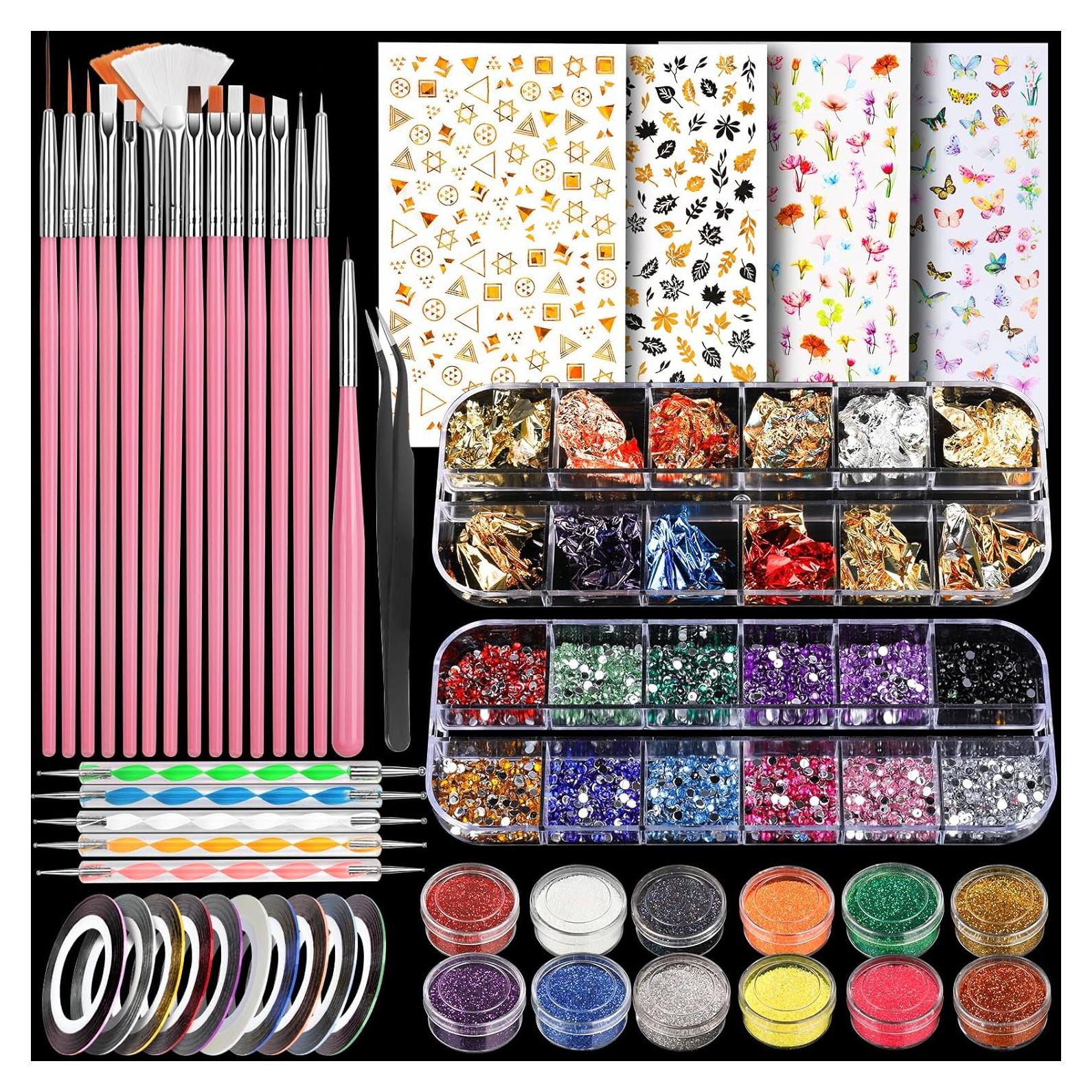 Kit de Arte de Uñas Teenitor con 15 Brochas y 12 Purpurinas