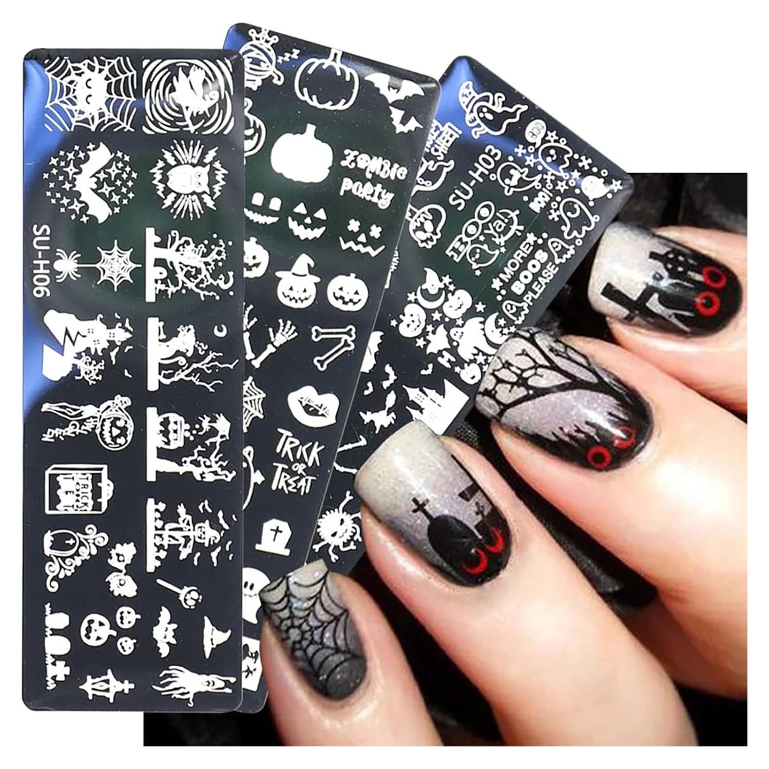 Kit de Estampado de Uñas Halloween Huamei - 6 Placas + Estampador