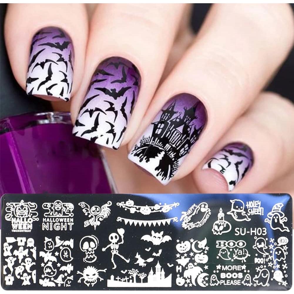 Kit de Estampado de Uñas Halloween Huamei - 6 Placas + Estampador