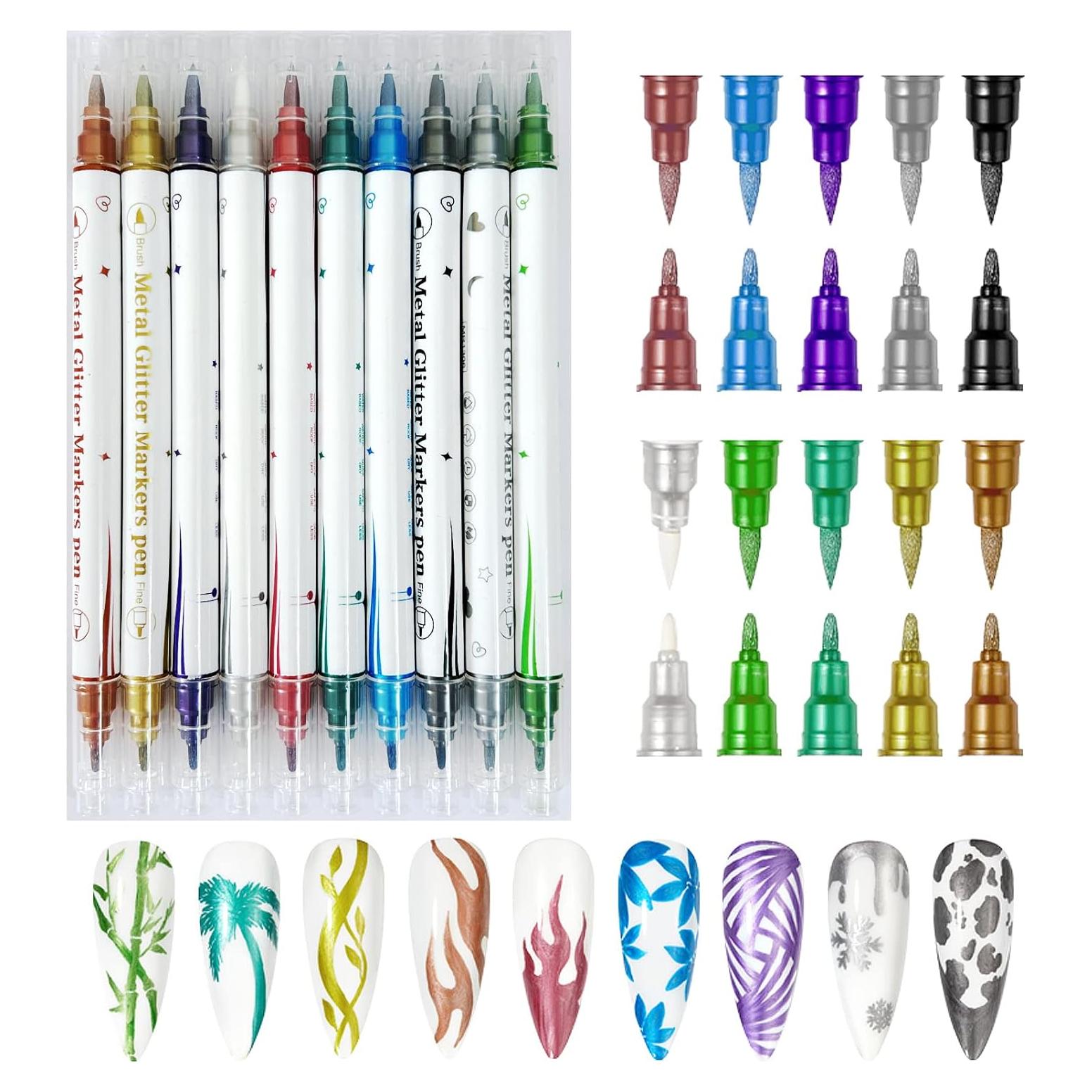 10 Marcadores de Uñas Metálicos Gorvalin Doble Punta 3D