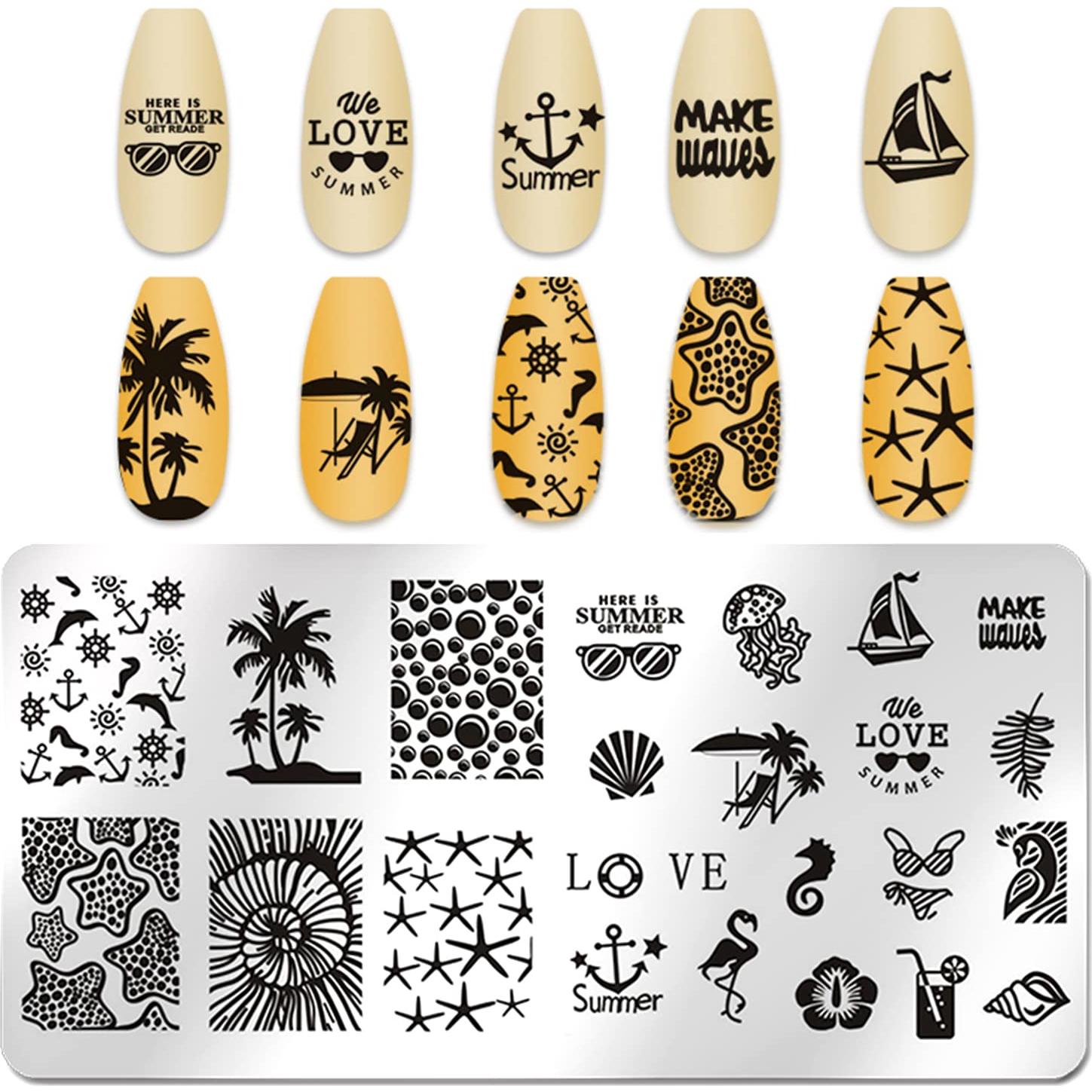 Kit de Estampado de Uñas de Playa WOKOTO 6 Piezas Acero Inoxidable