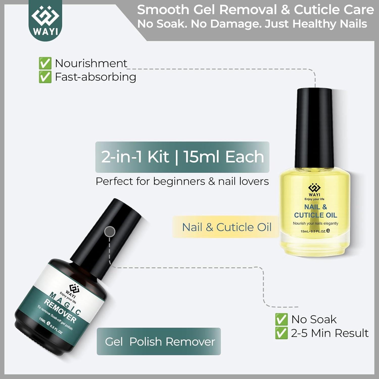 Kit Quitacutículas Mágico WAYI 15ml + Aceite Nutritivo 15ml