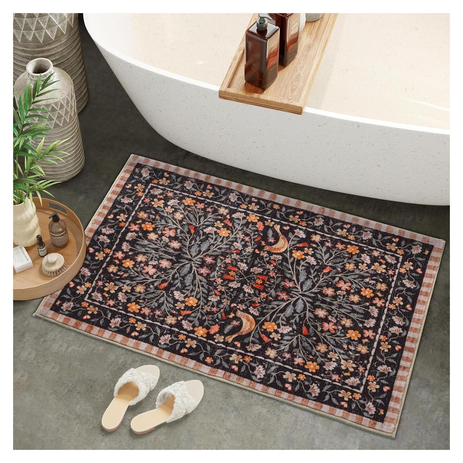 Alfombra de Baño Urtlmaji Negra Antideslizante 45x66 cm Boho Floral