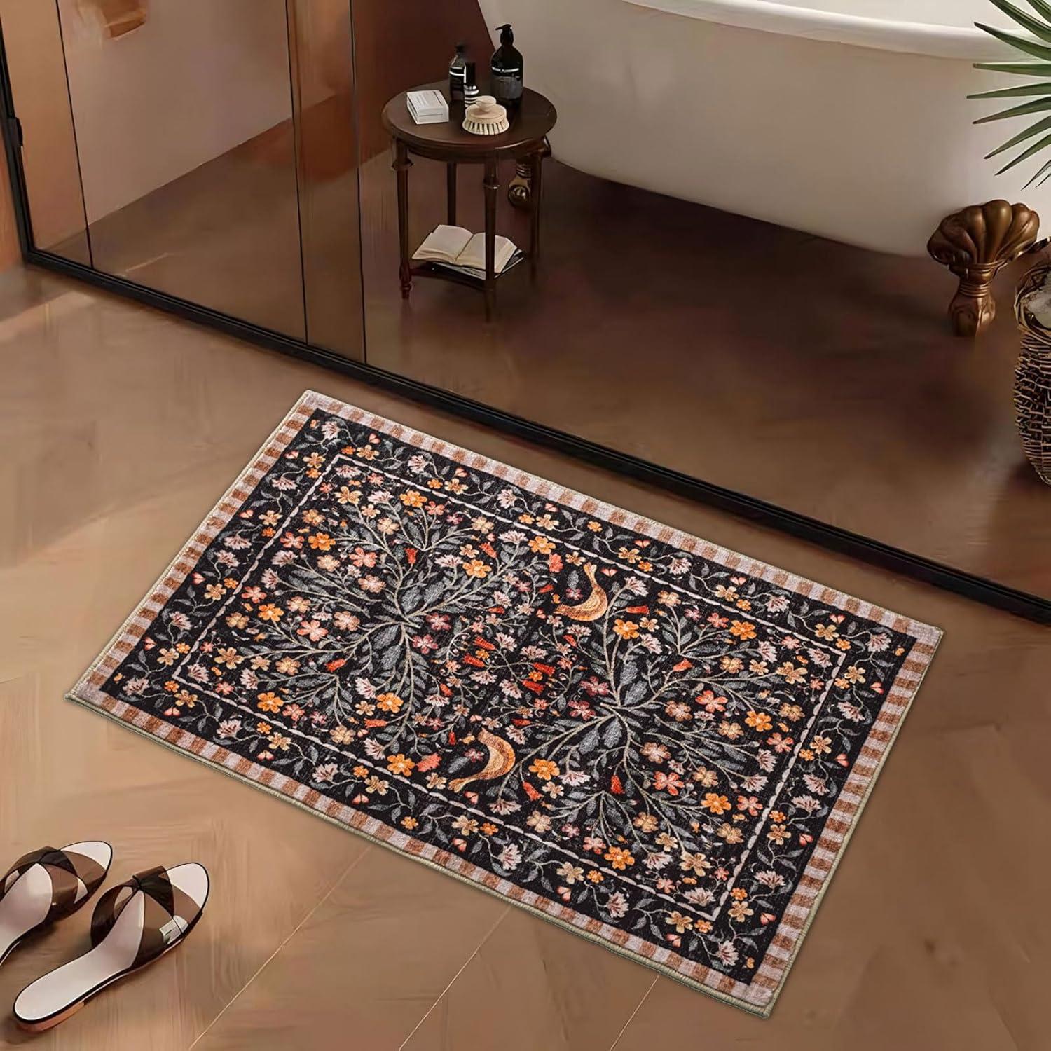 Alfombra de Baño Urtlmaji Negra Antideslizante 45x66 cm Boho Floral