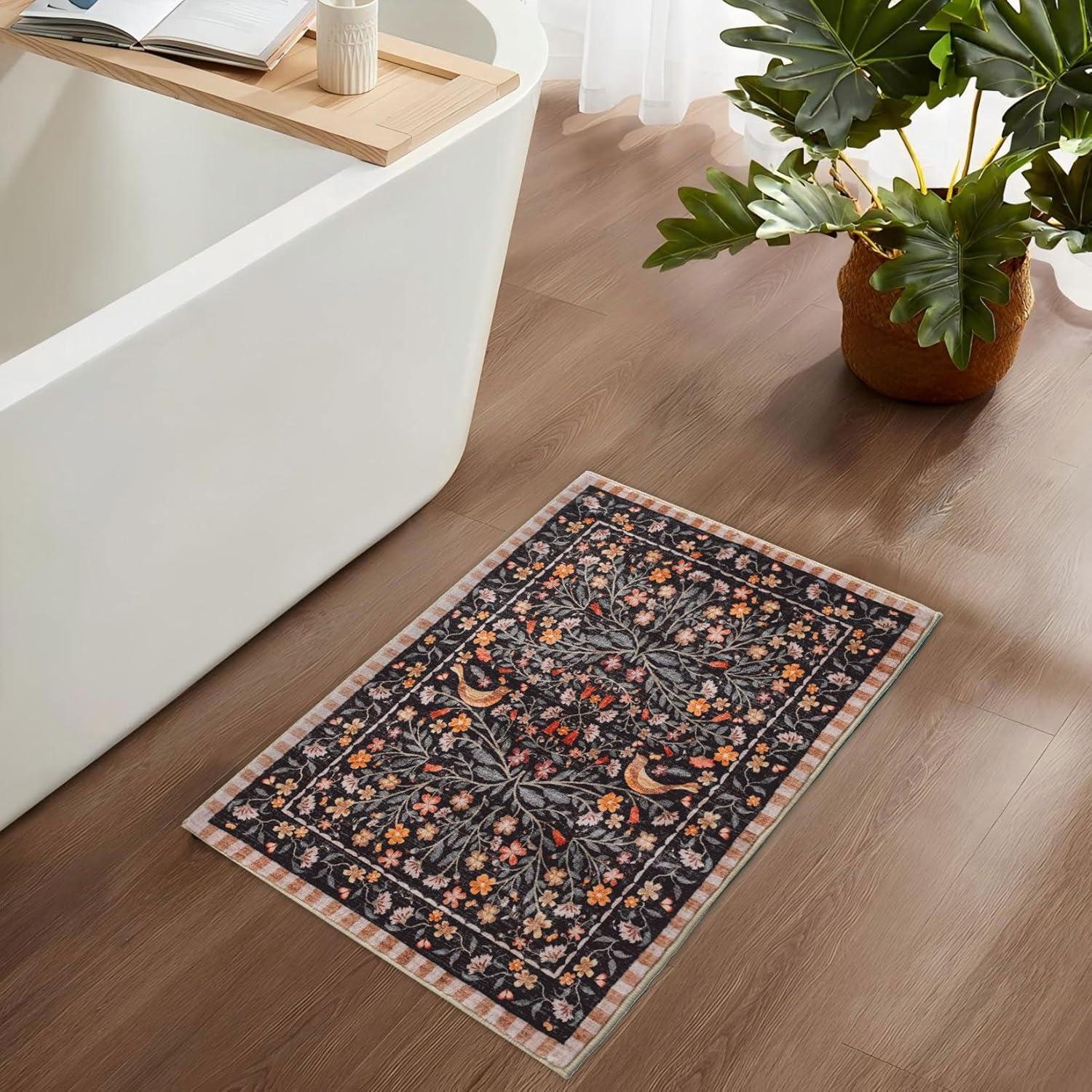 Alfombra de Baño Urtlmaji Negra Antideslizante 45x66 cm Boho Floral
