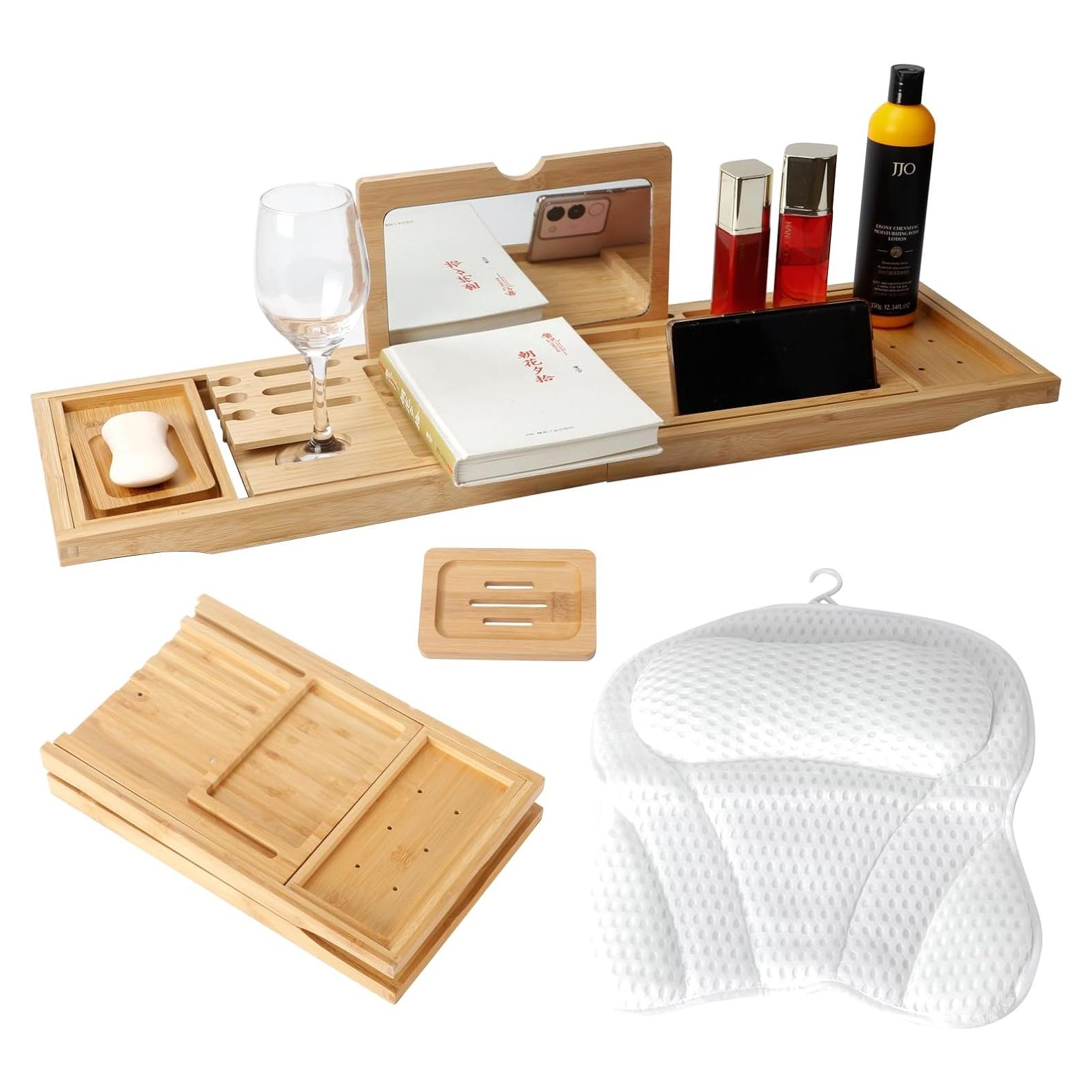 Bandeja de baño de bambú WALTERT W con almohada 4D