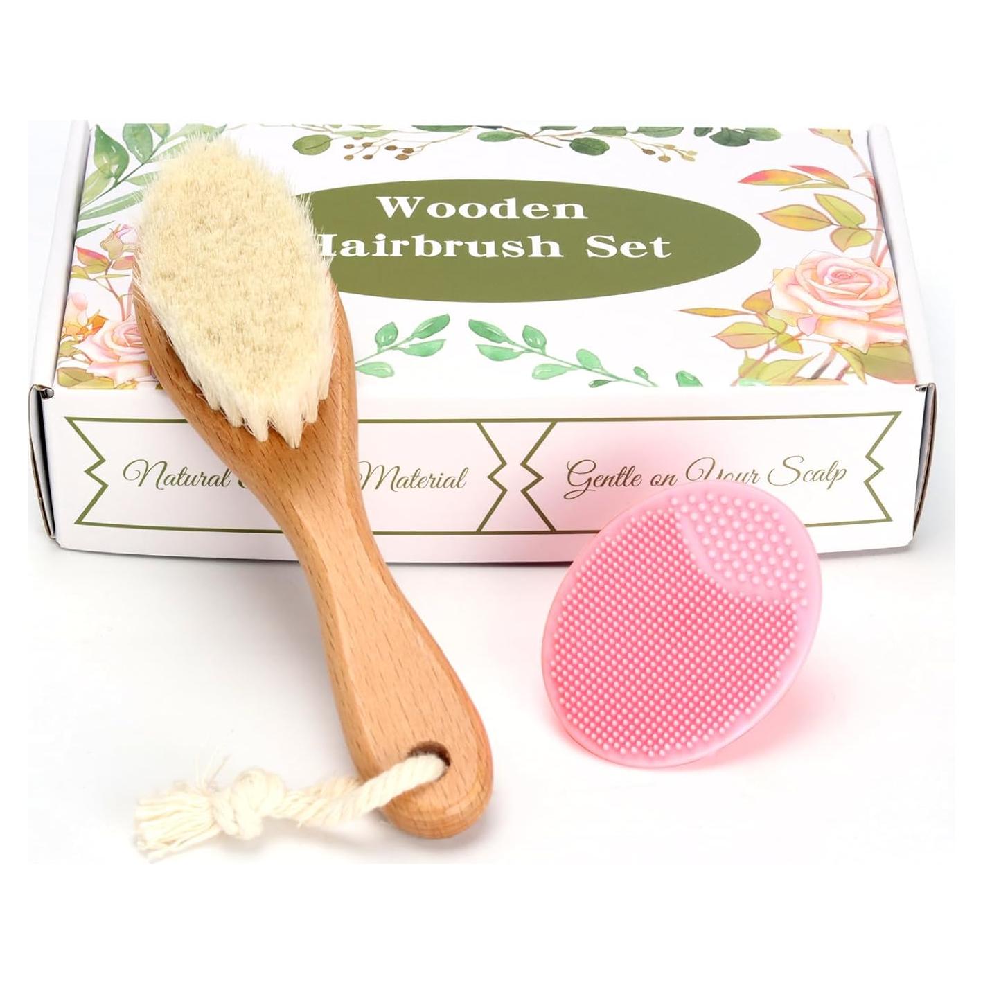 Set de Cepillos para Bebé Madera Rosa - Cerdas Suaves y Silicona