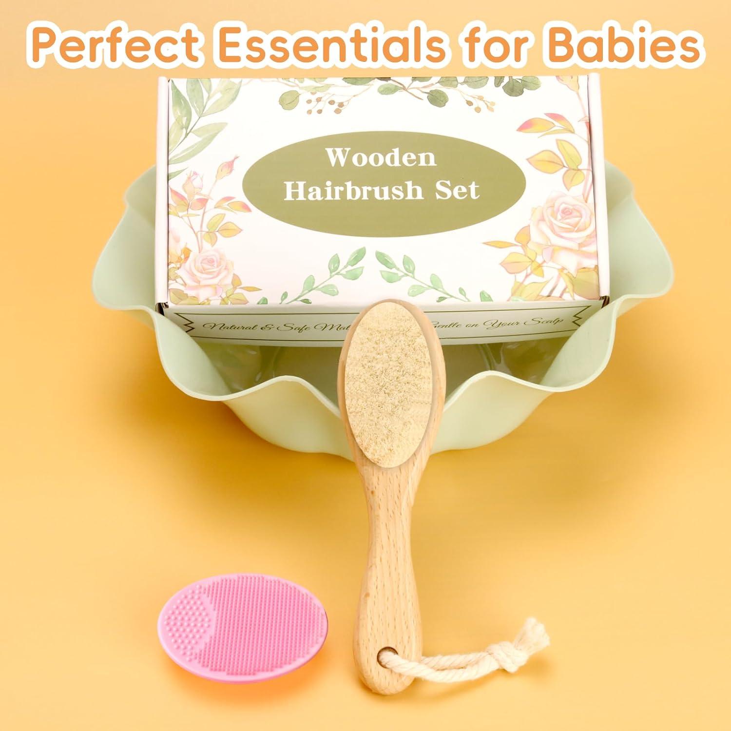 Set de Cepillos para Bebé Madera Rosa - Cerdas Suaves y Silicona