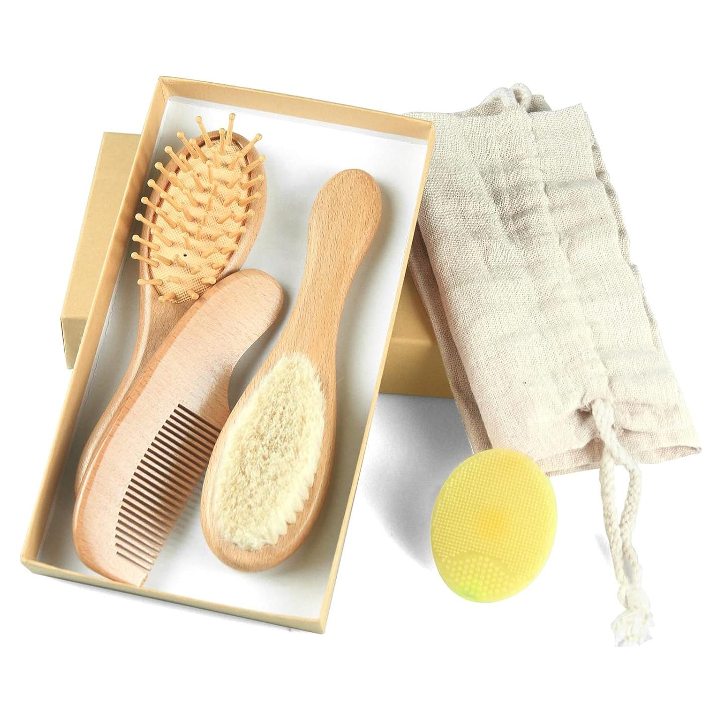 Juego de Cepillo y Peine para Bebés - 4 Piezas de Madera