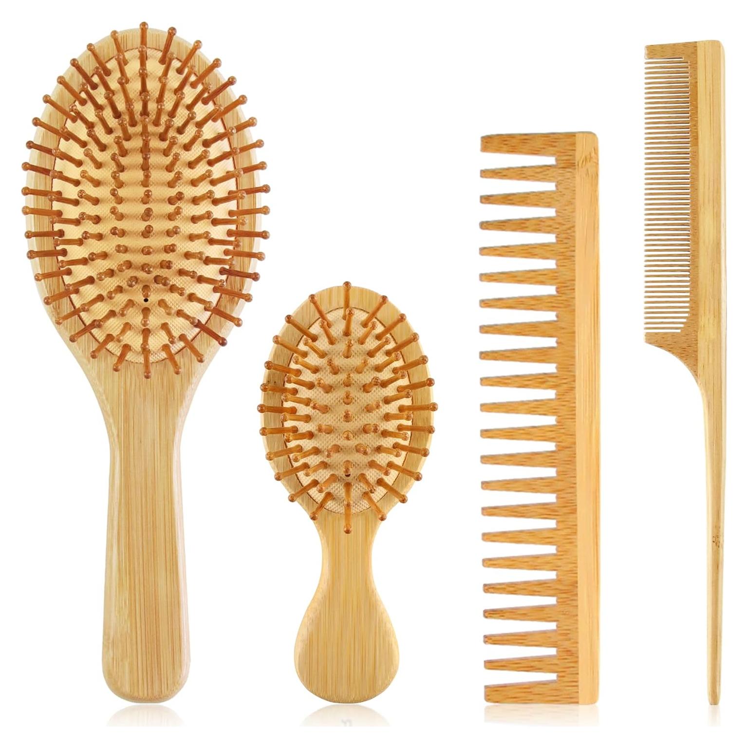 Juego de 4 Cepillos y Peines de Madera Natural Ekonaer