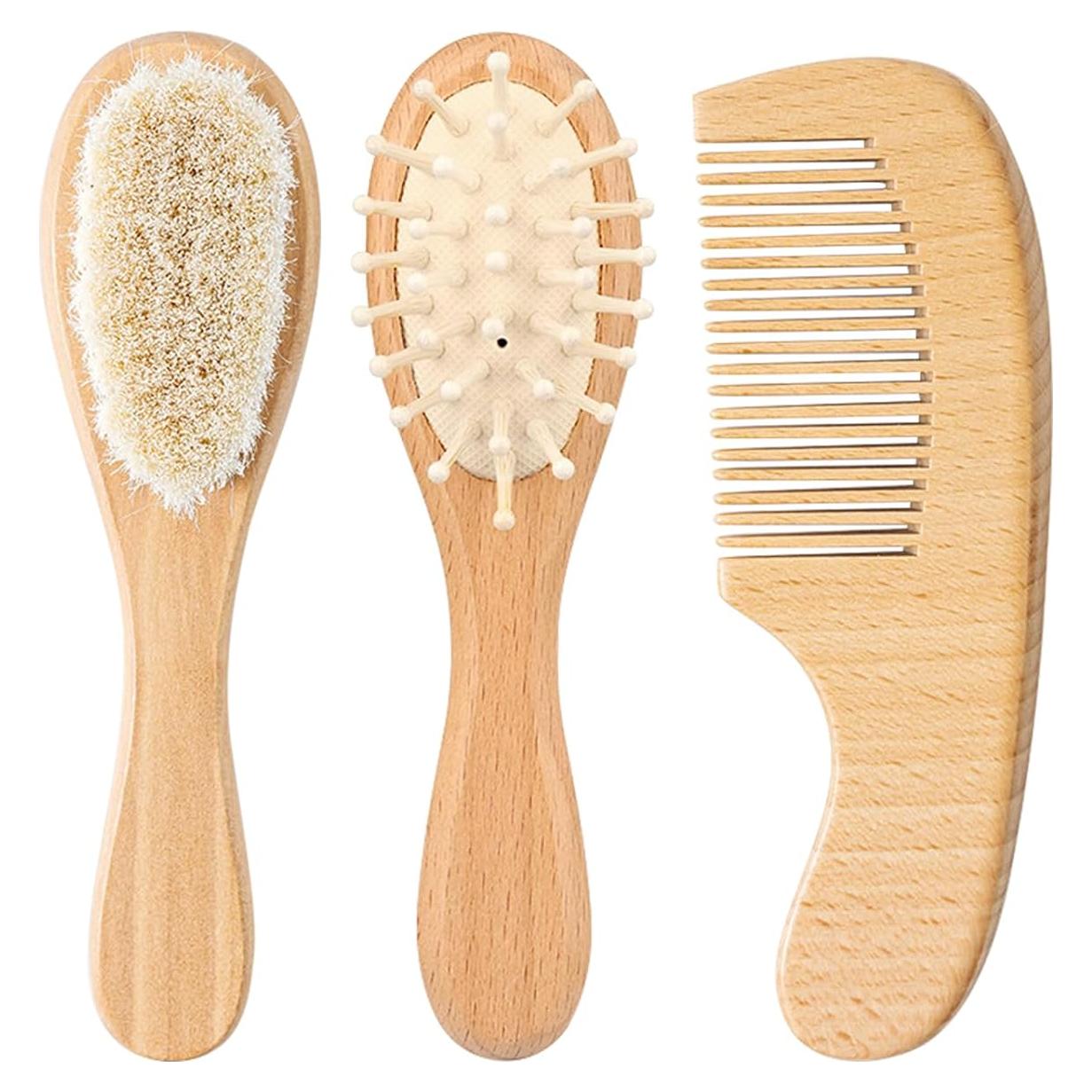 Juego de Cepillo y Peine de Madera para Bebés - 3 Piezas