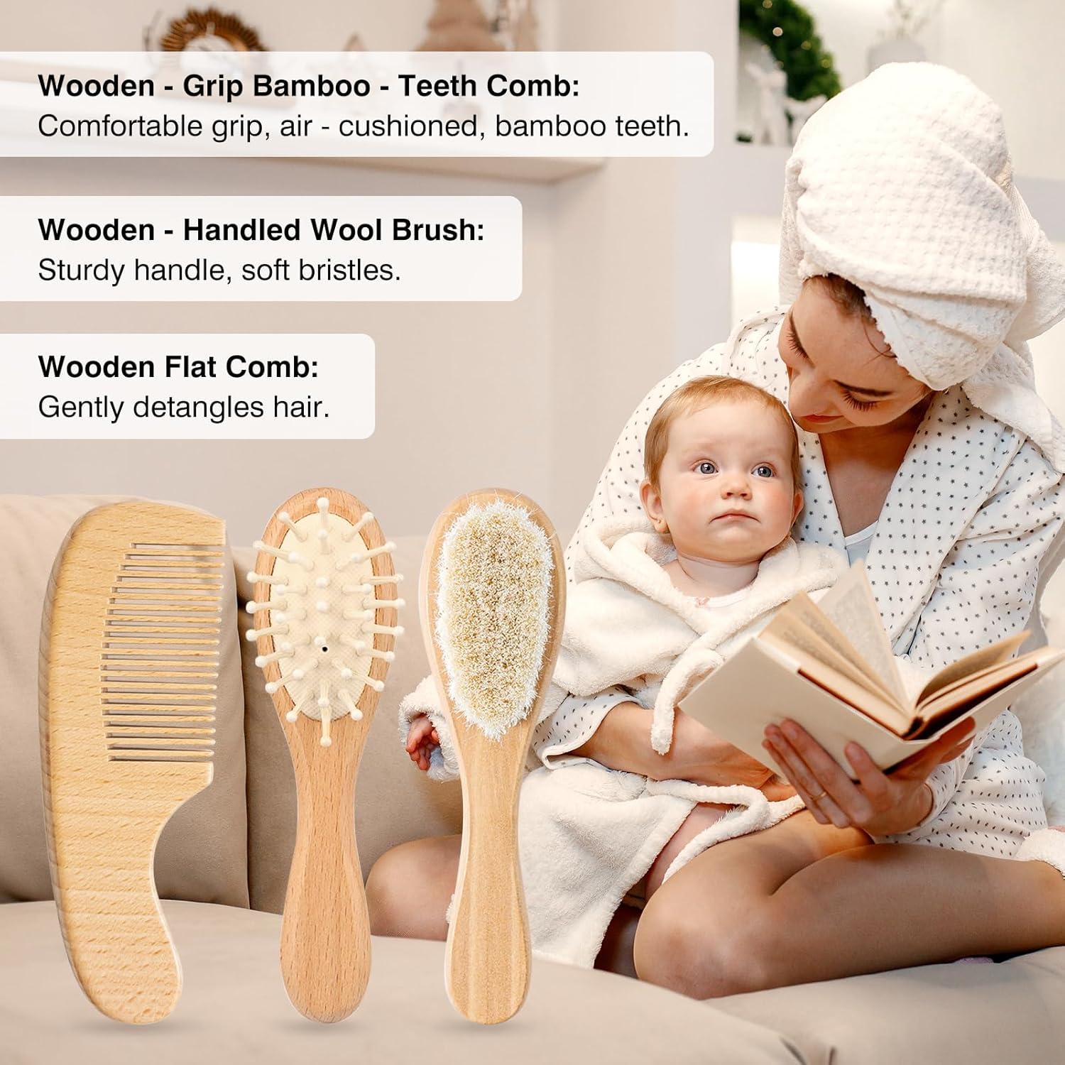 Juego de Cepillo y Peine de Madera para Bebés - 3 Piezas