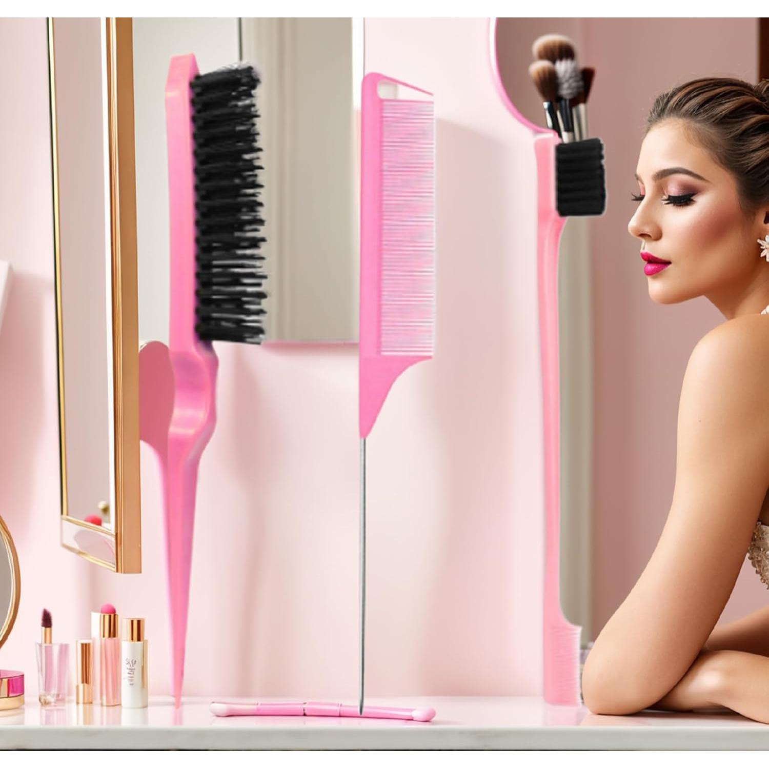 Juego de Peines Rosa 3 Piezas - Cepillo Slick Back y Rat Tail