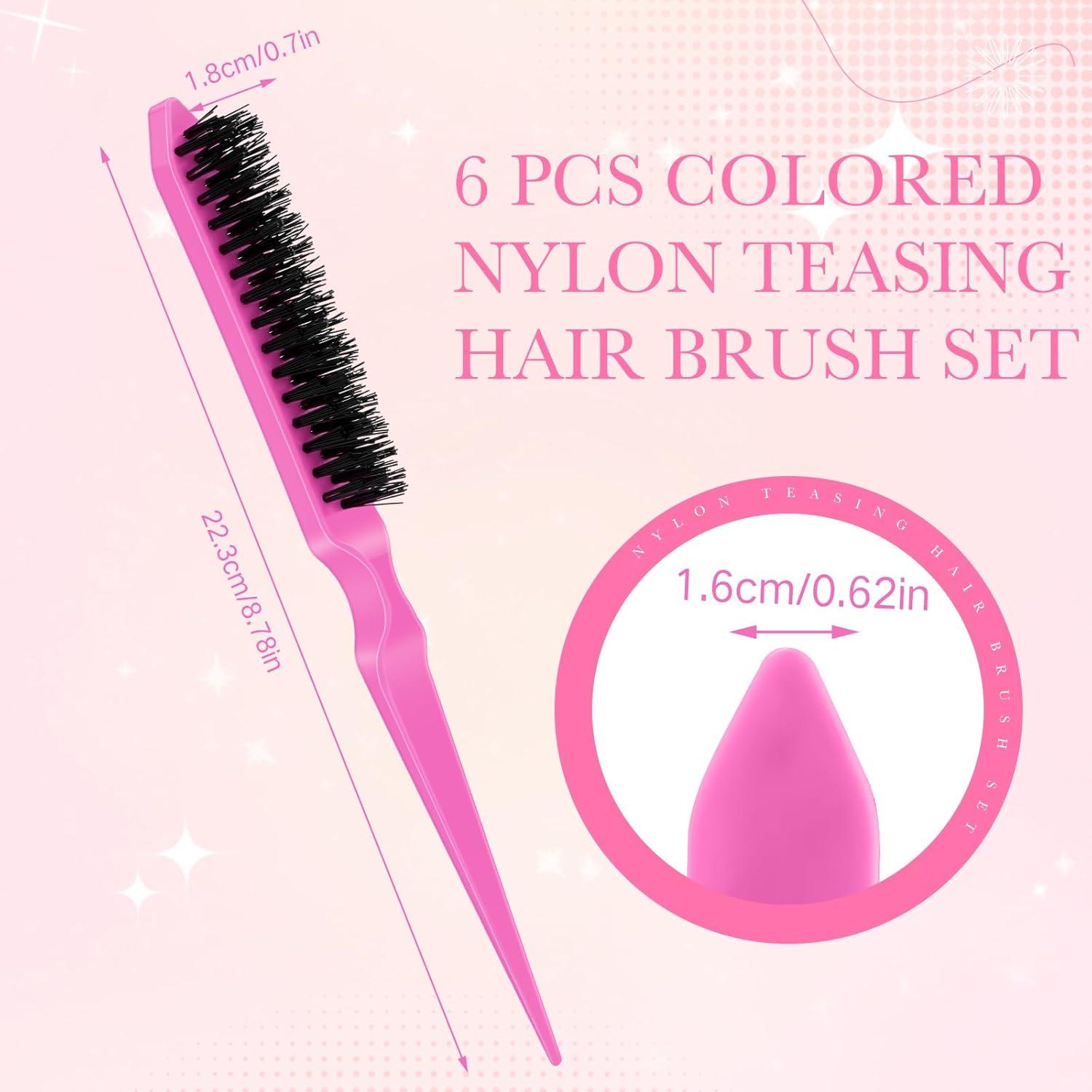 Juego de 6 Cepillos de Teasing de Nylon Yaomiao Rosa