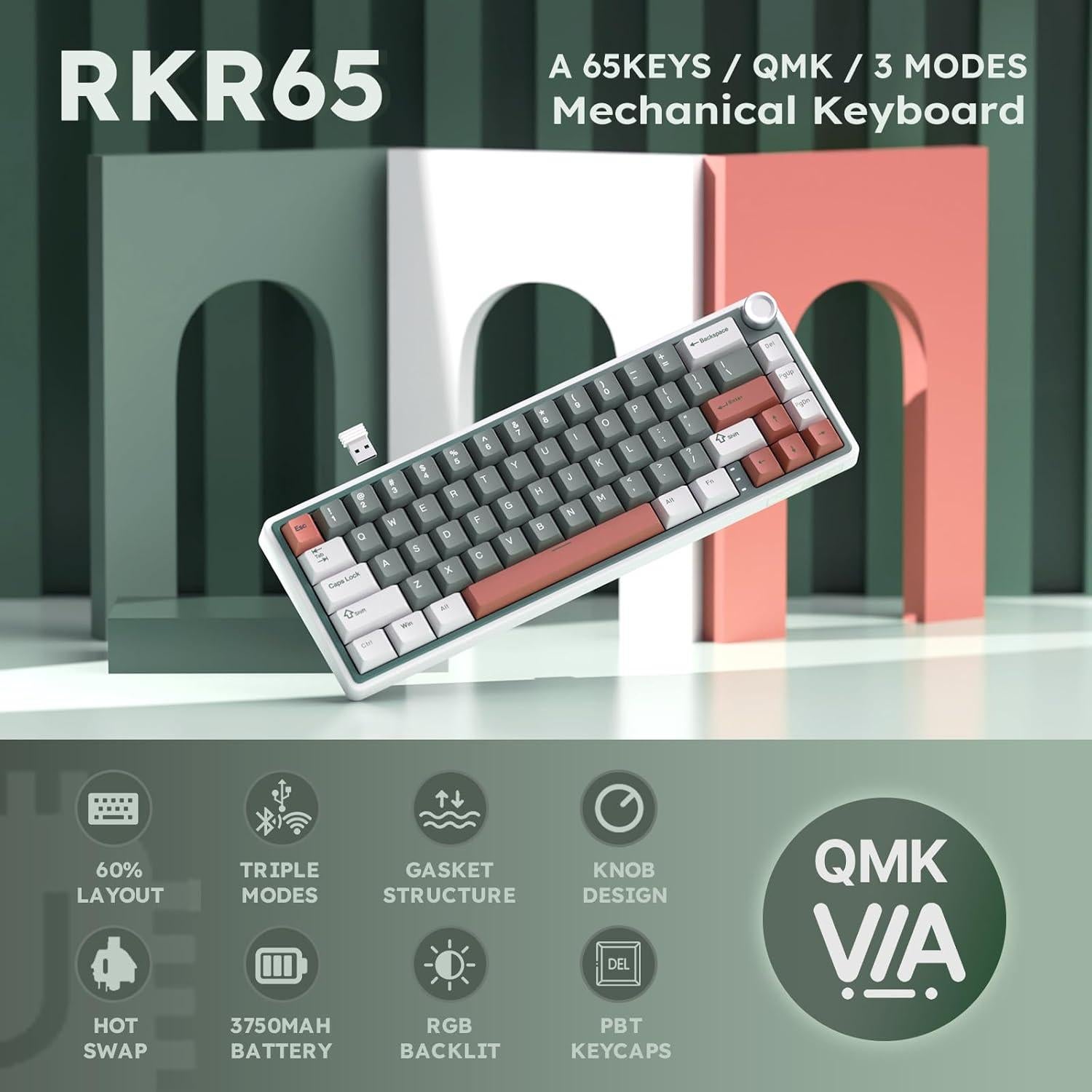 Teclado Mecánico RK Royal Kludge R65 Inalámbrico 60% Verde