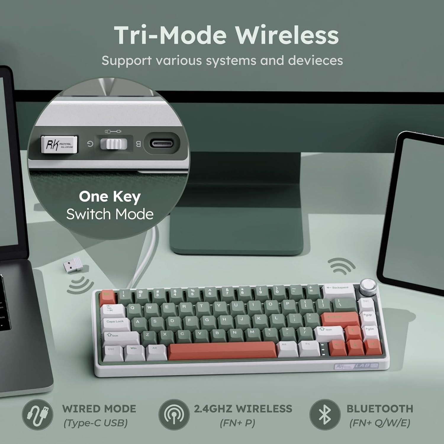 Teclado Mecánico RK Royal Kludge R65 Inalámbrico 60% Verde