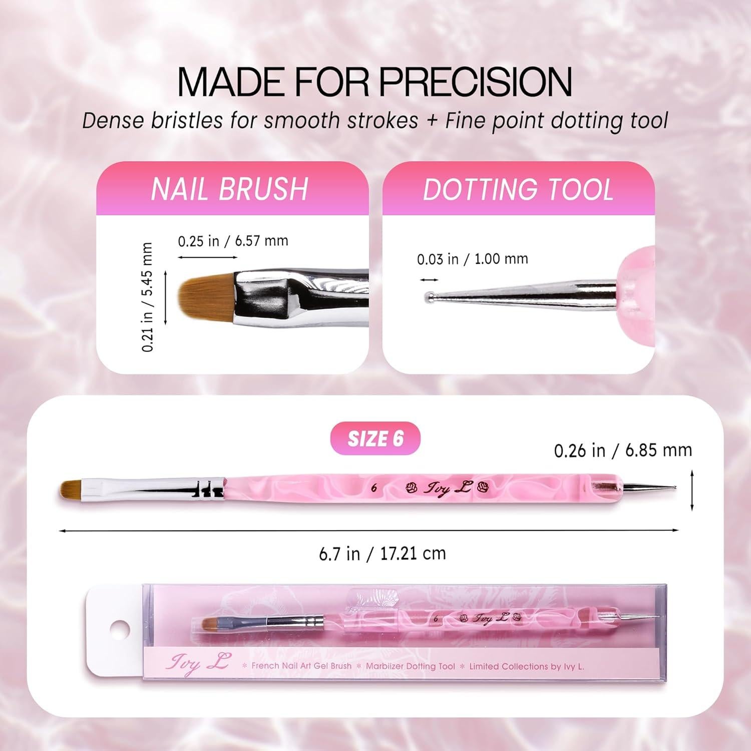 Pincel de Uñas Acrílico Ivy L #6 Mármol Rosa con Herramienta de Punteo