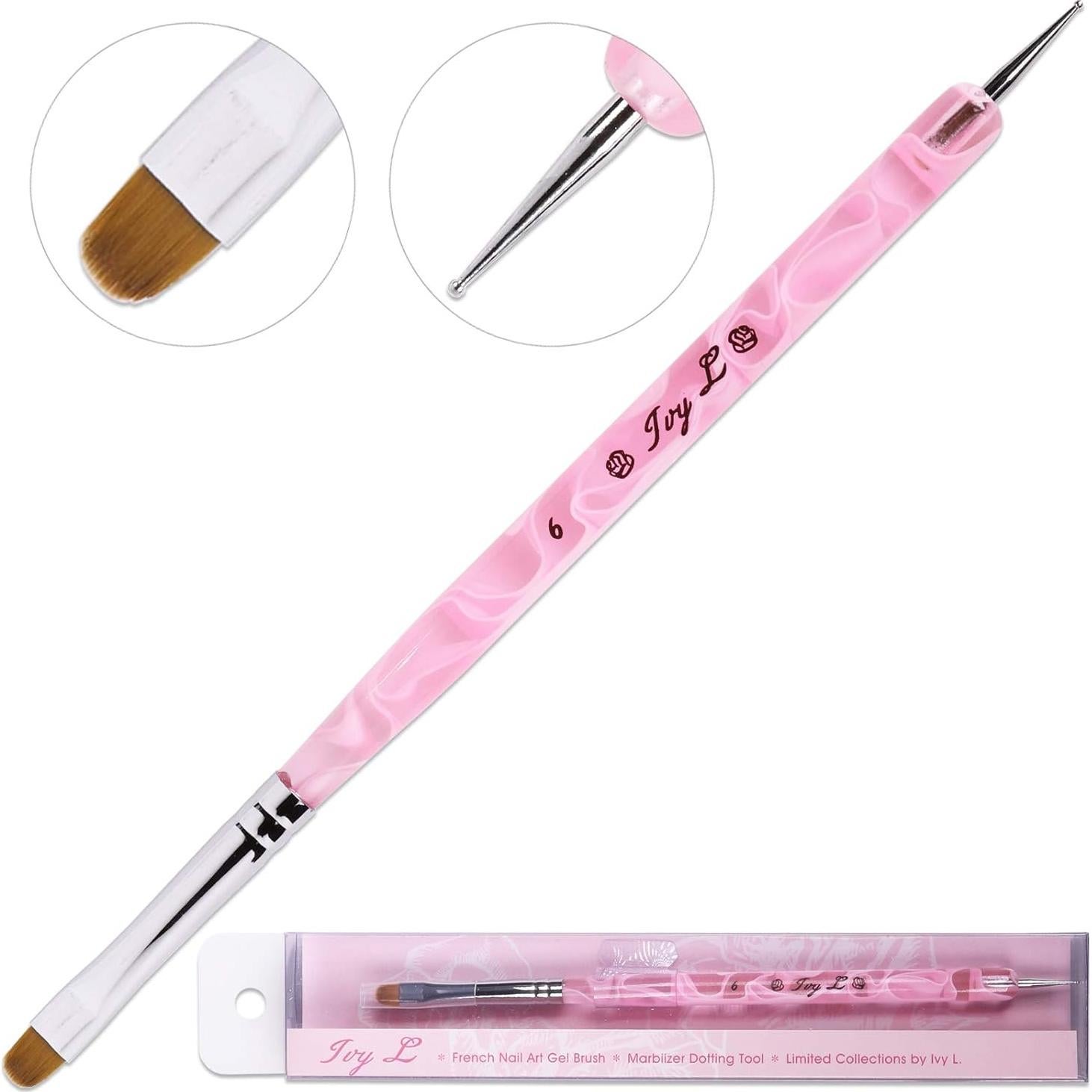 Pincel de Uñas Acrílico Ivy L #6 Mármol Rosa con Herramienta de Punteo
