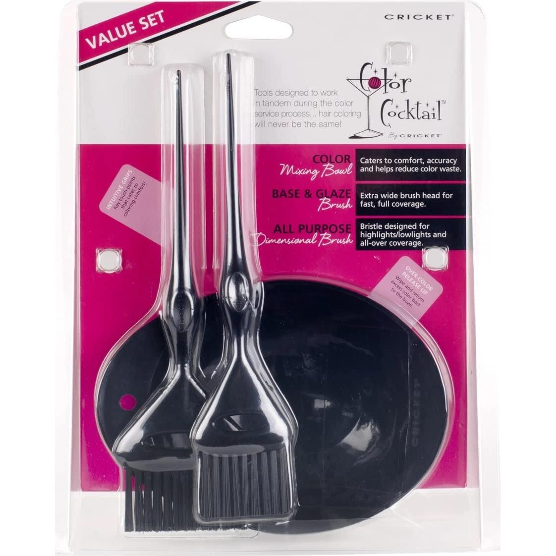 Cricket Color Cocktail 3 Piece Hair Coloring Tools Value Set Professional Hairstylist Salon Barbershop Hairdresser Color Mixing Bowl and Coloring Brushes Set