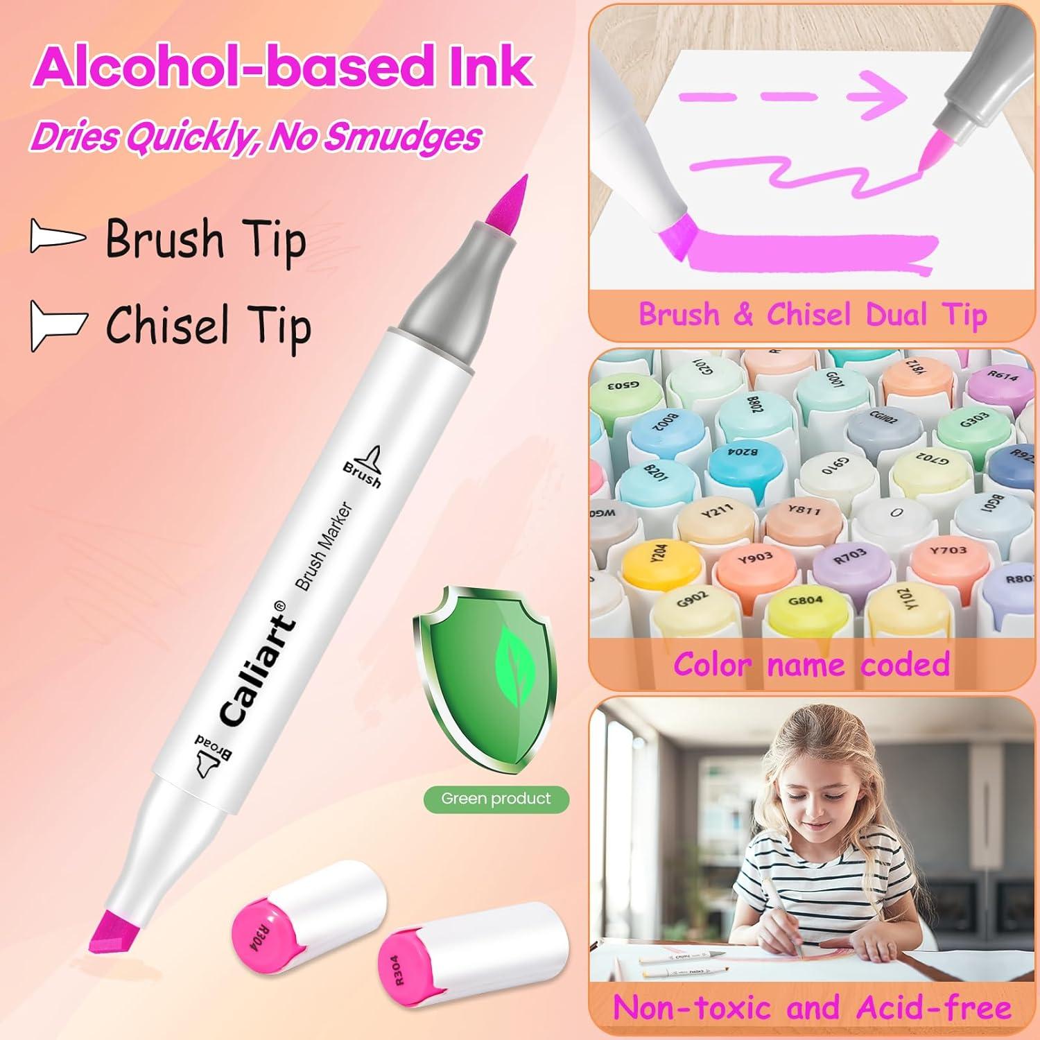 Marcadores de Alcohol Caliart 101 Colores Doble Punta Pincel y Cincel