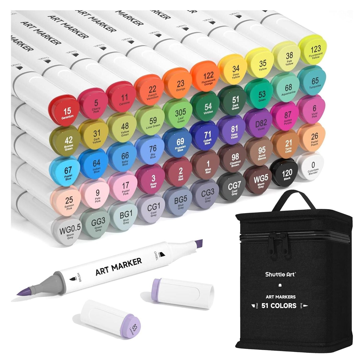 Conjunto de Marcadores de Alcohol Shuttle Art 51 Colores Punta Pincel y Cincel