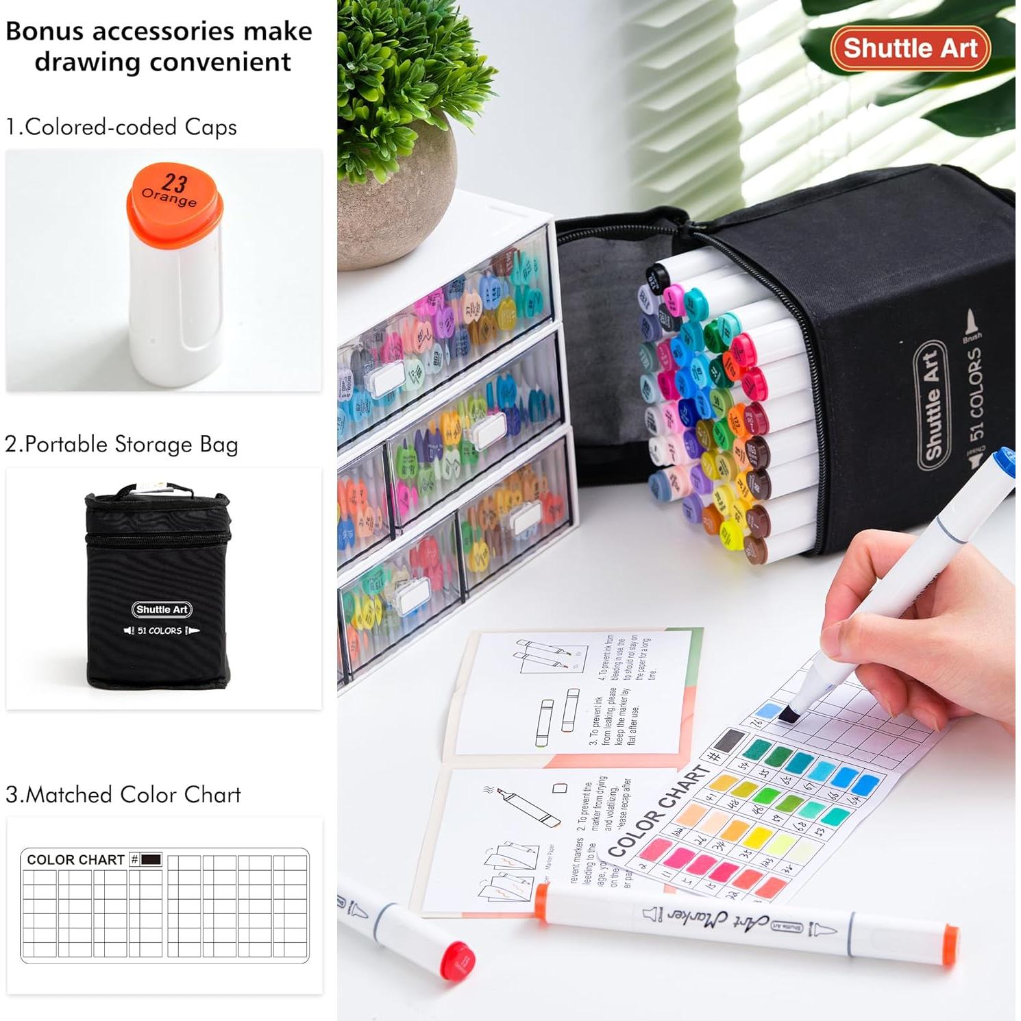 Conjunto de Marcadores de Alcohol Shuttle Art 51 Colores Punta Pincel y Cincel