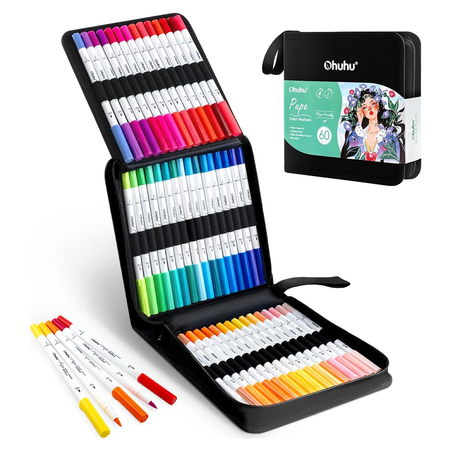 Marcadores Ohuhu 60 Colores Doble Punta Fina a Base de Agua