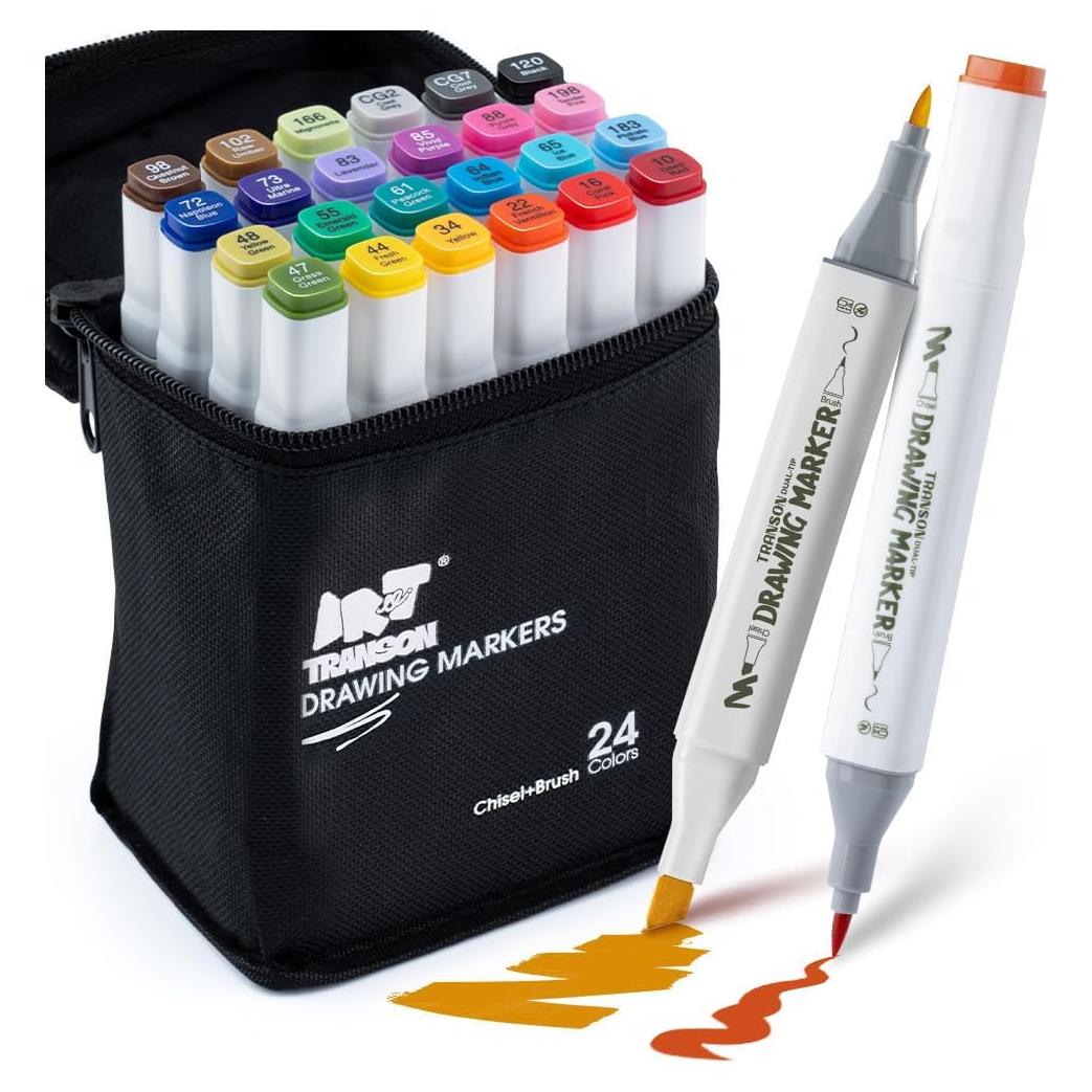 Marcadores de Alcohol TRANSON 24 Colores Punta Doble Pincel