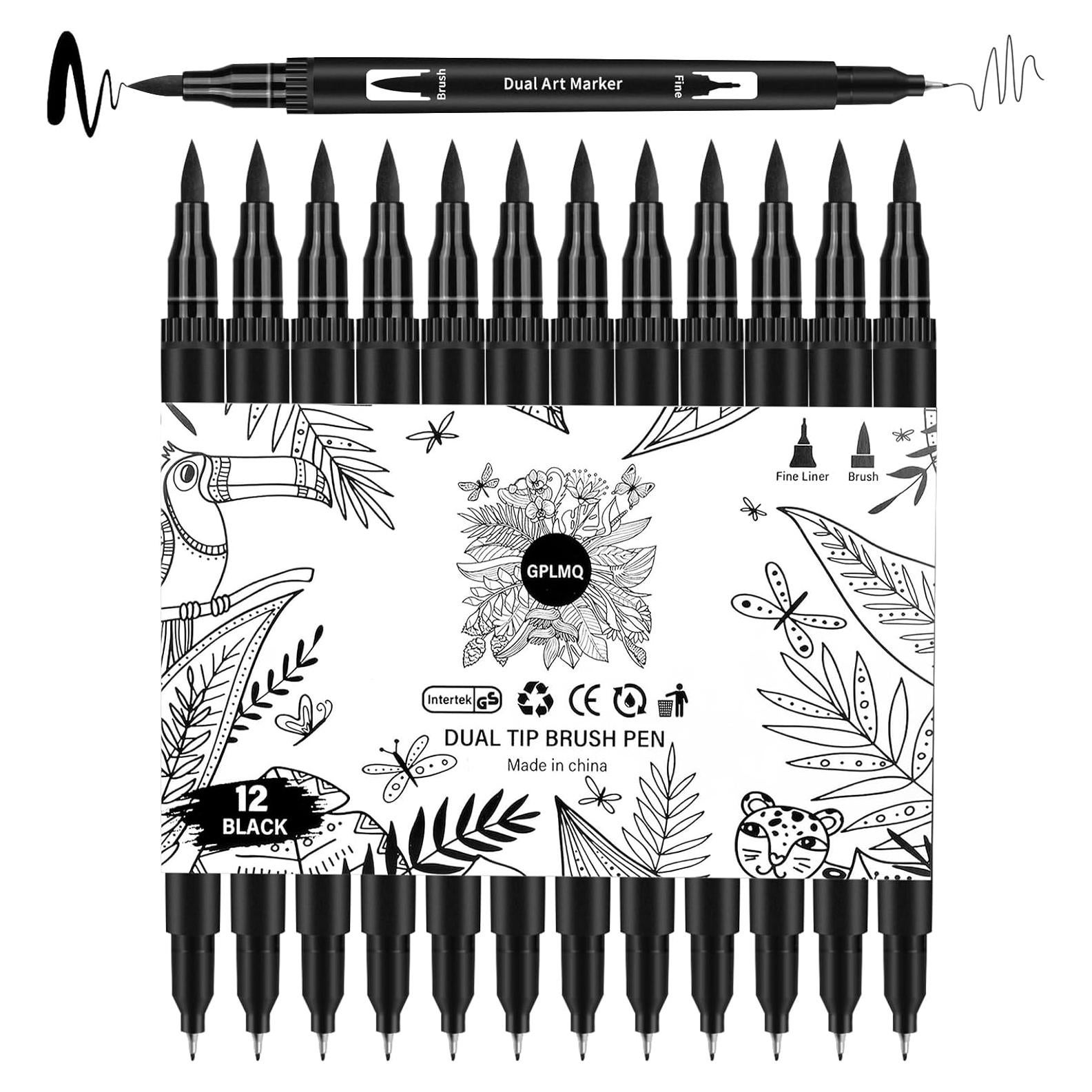 Marcadores de Dibujo GPLMQ, Paquete de 12 Punta Doble Negros