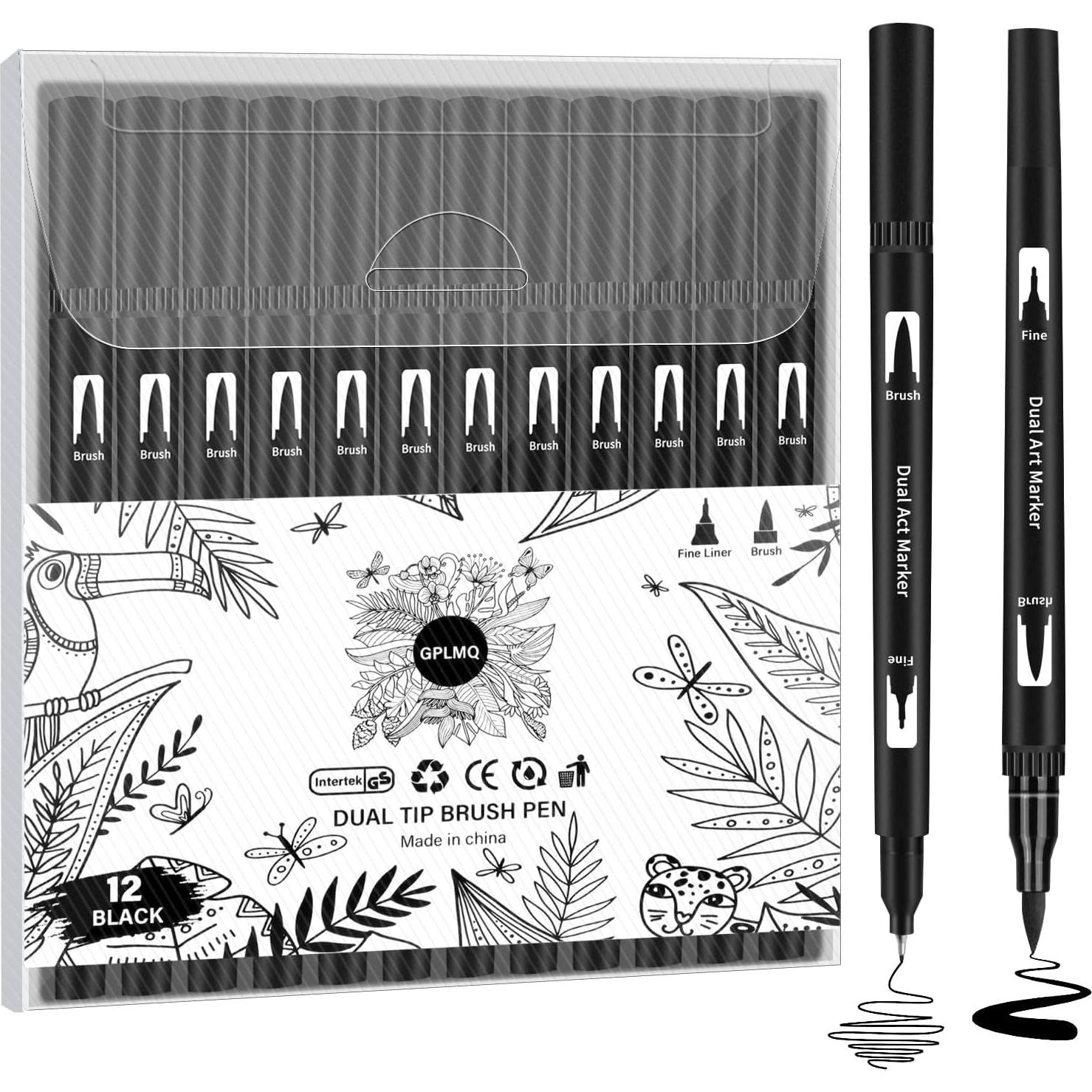 Marcadores de Dibujo GPLMQ, Paquete de 12 Punta Doble Negros