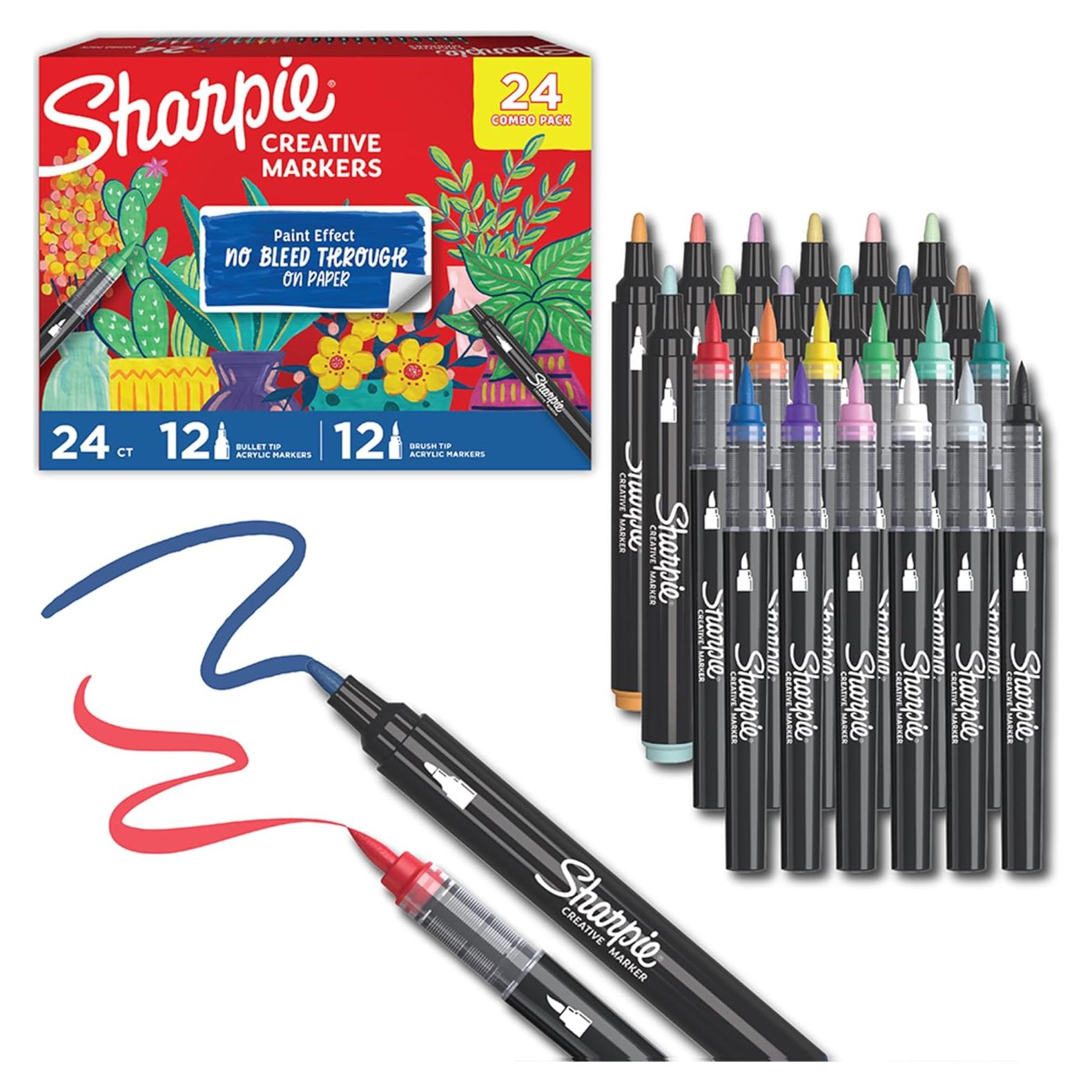 Marcadores Creativos Sharpie, Paquete de 24, Acrílicos a Base de Agua, Punta Gruesa y Pincel, Colores Variados