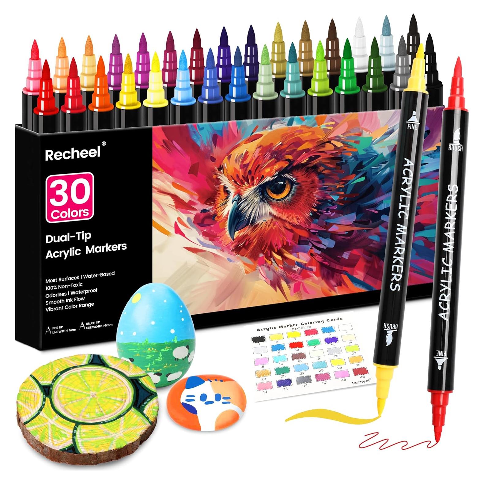 30 Marcadores de Pintura Acrílica Recheel, Punta Doble Fina y Brocha