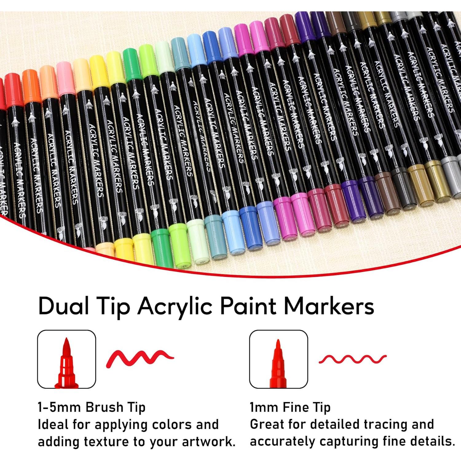 30 Marcadores de Pintura Acrílica Recheel, Punta Doble Fina y Brocha