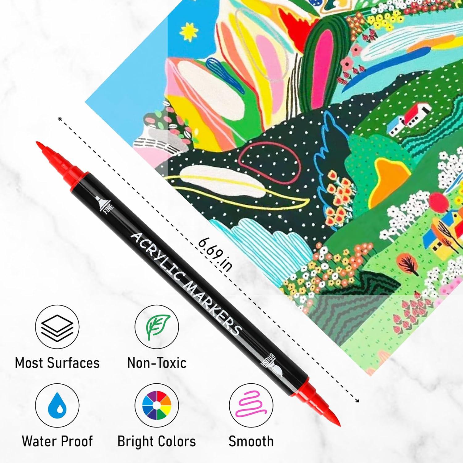 30 Marcadores de Pintura Acrílica Recheel, Punta Doble Fina y Brocha