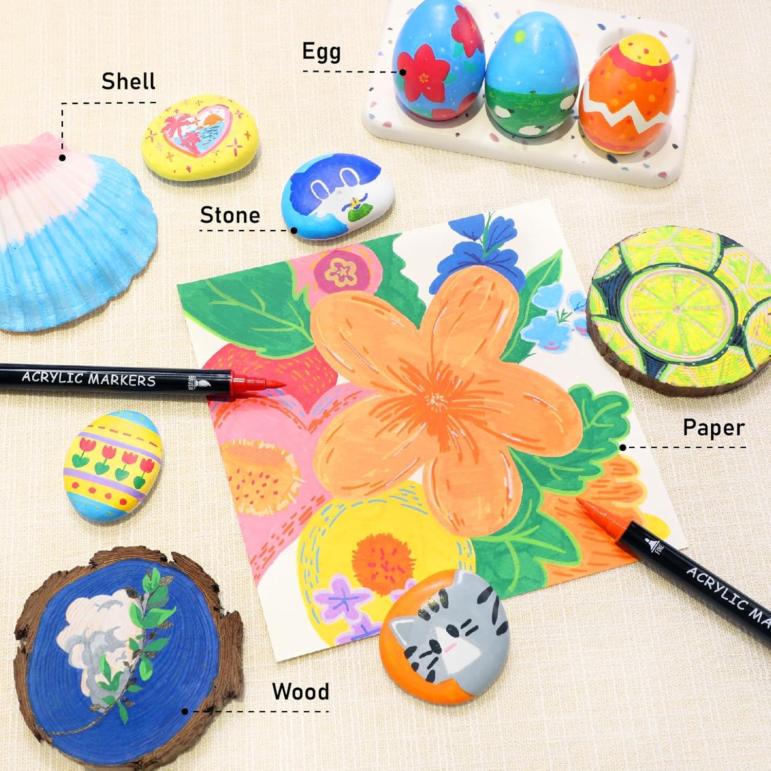 30 Marcadores de Pintura Acrílica Recheel, Punta Doble Fina y Brocha