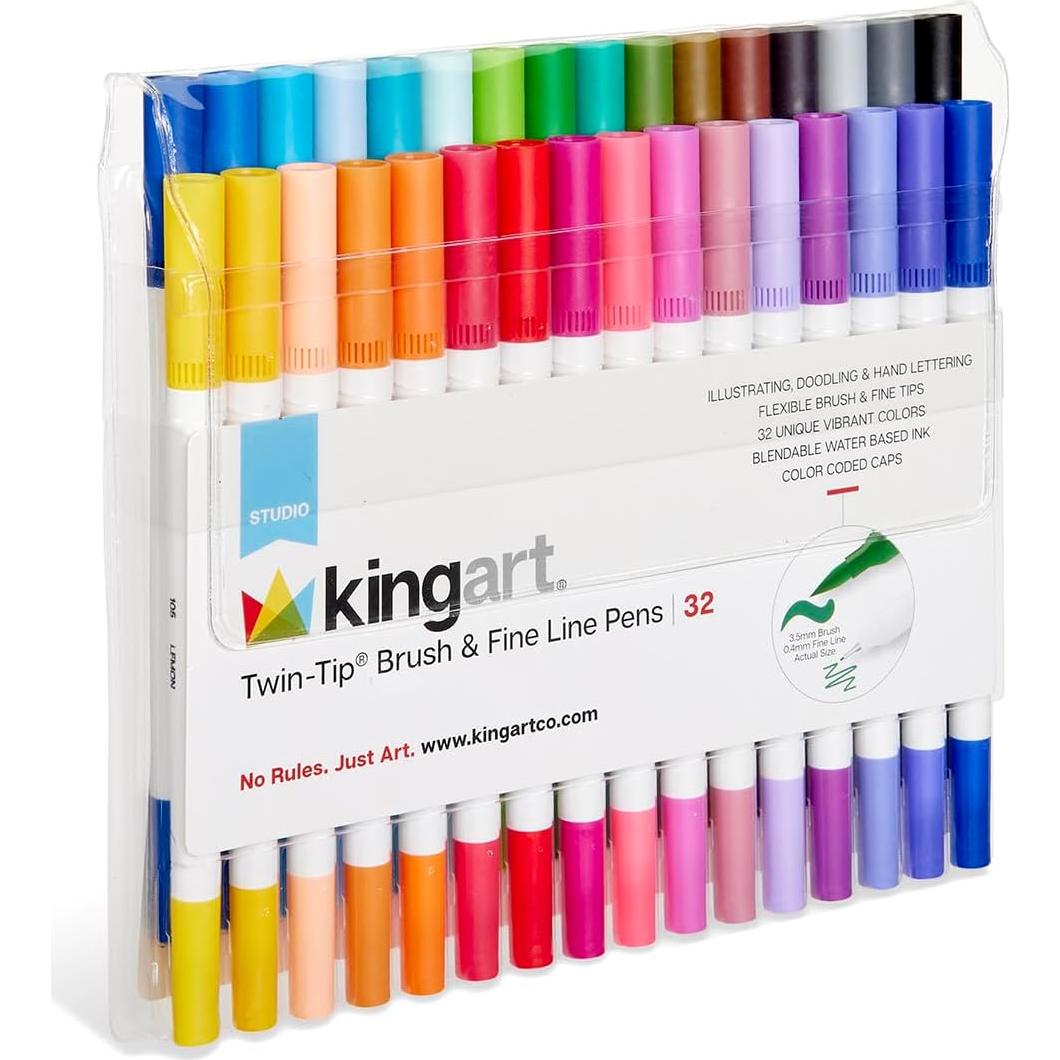 Pinceles de Punta Doble KINGART 32 Colores para Caligrafía