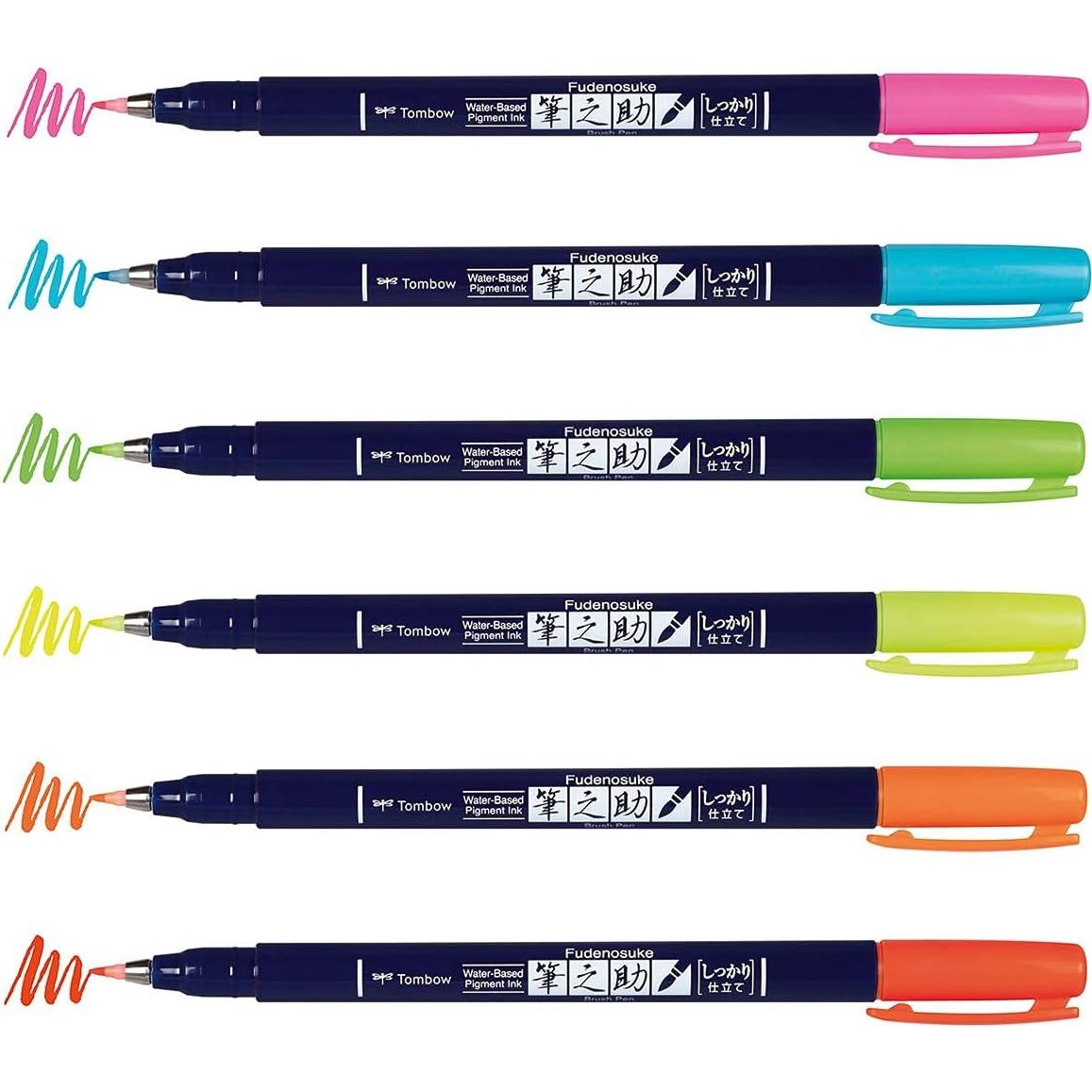 Tombow Fudenosuke Brush Pens Neón 6-Pack Punta Dura
