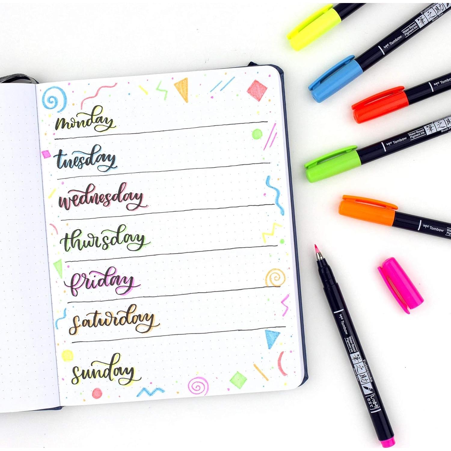 Tombow Fudenosuke Brush Pens Neón 6-Pack Punta Dura
